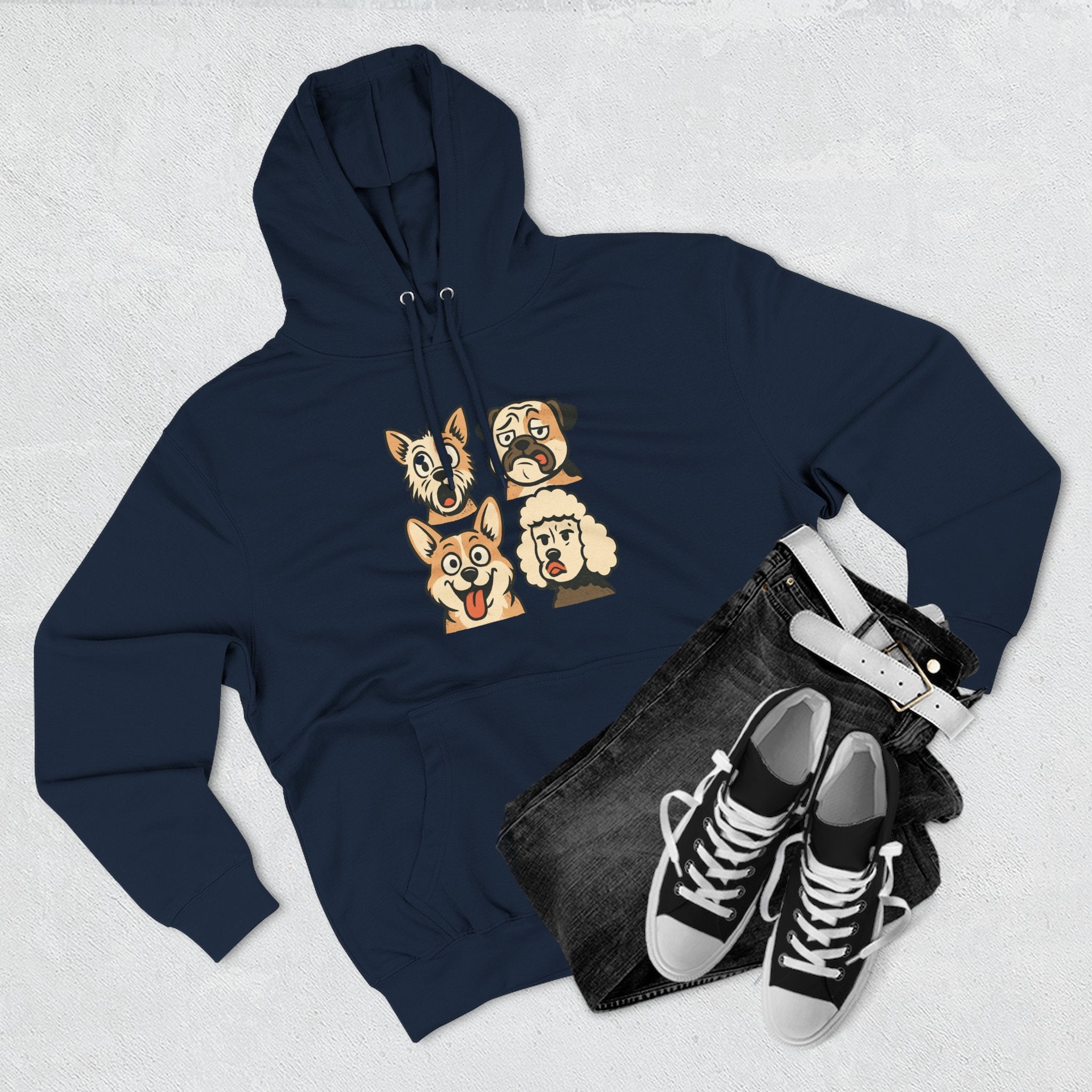 Dog Faces Fleece Hoodie - Cute Cartoon Canine Portraits Pullover