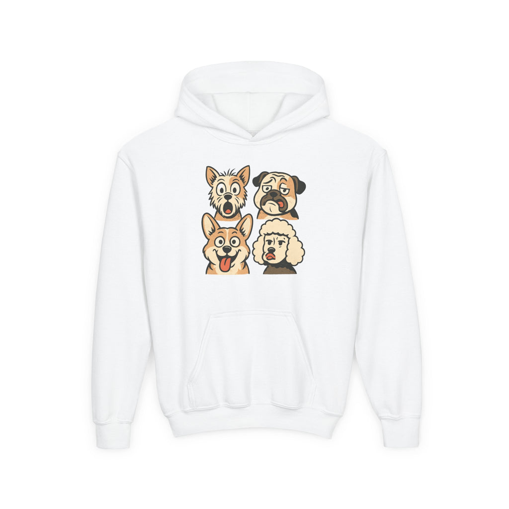 Youth Dog Faces Hoodie — Cute Cartoon Paw Print Pullover for Kids
