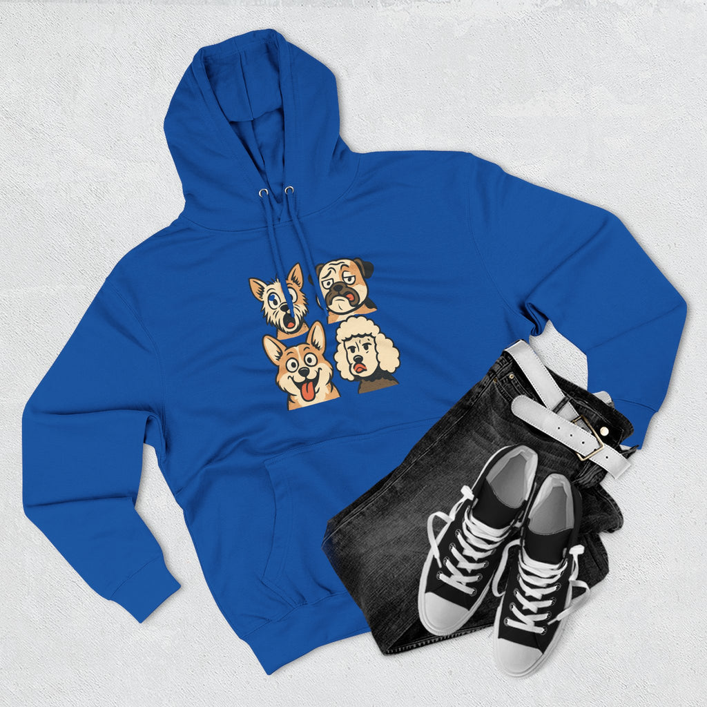 Dog Faces Fleece Hoodie - Cute Cartoon Canine Portraits Pullover
