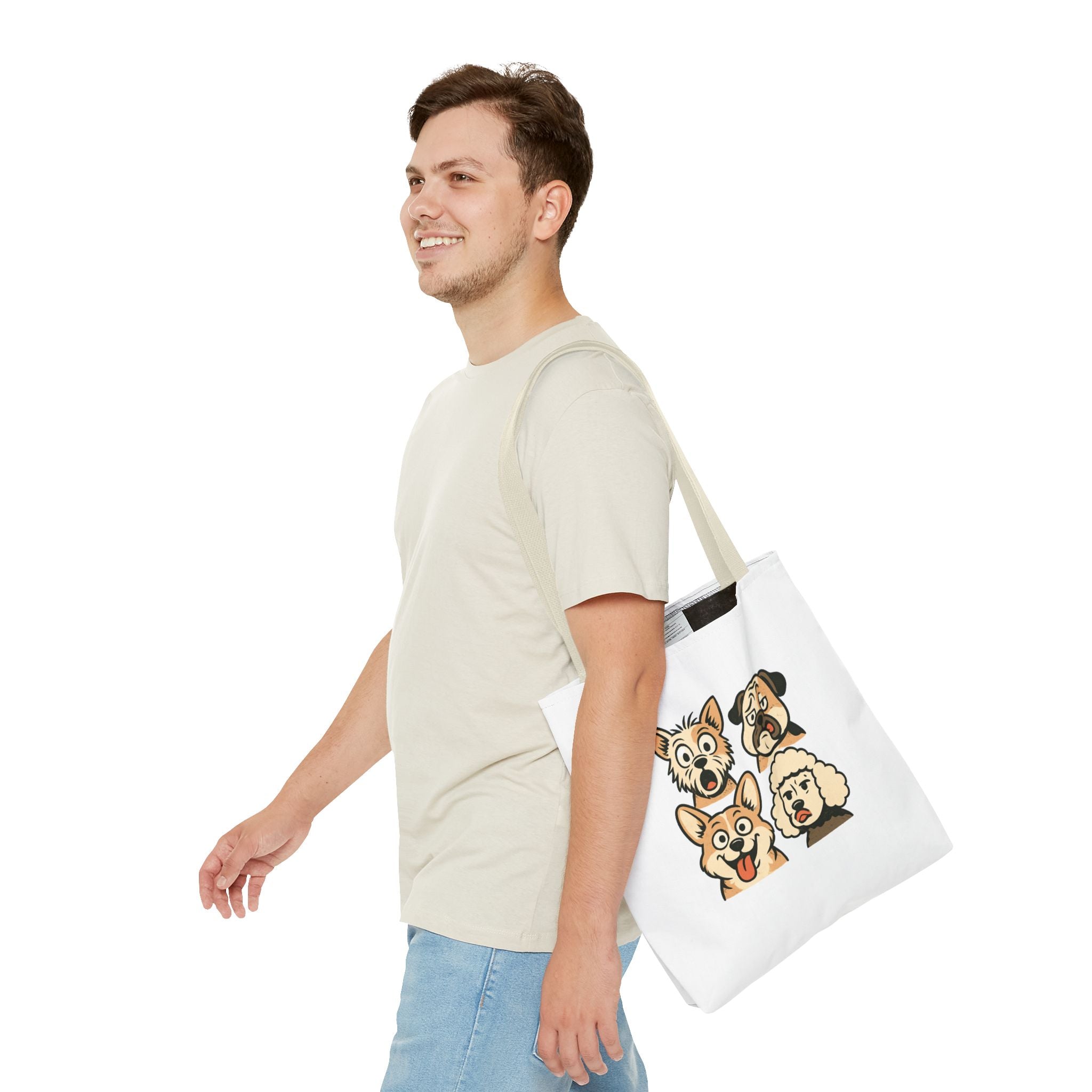 Dog Faces Tote Bag — Cute Cartoon Pug, Corgi, Poodle & Terrier Graphic Tote