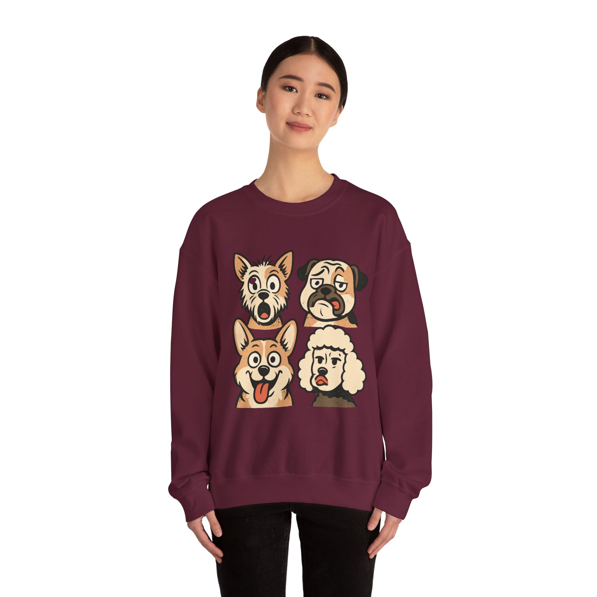Dog Faces Crewneck Sweatshirt - Cute Cartoon Pug, Corgi & Poodle Graphic