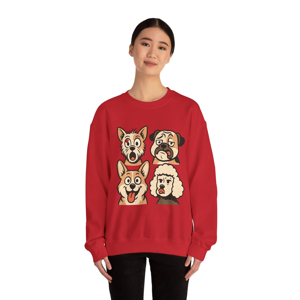 Dog Faces Crewneck Sweatshirt - Cute Cartoon Pug, Corgi & Poodle Graphic
