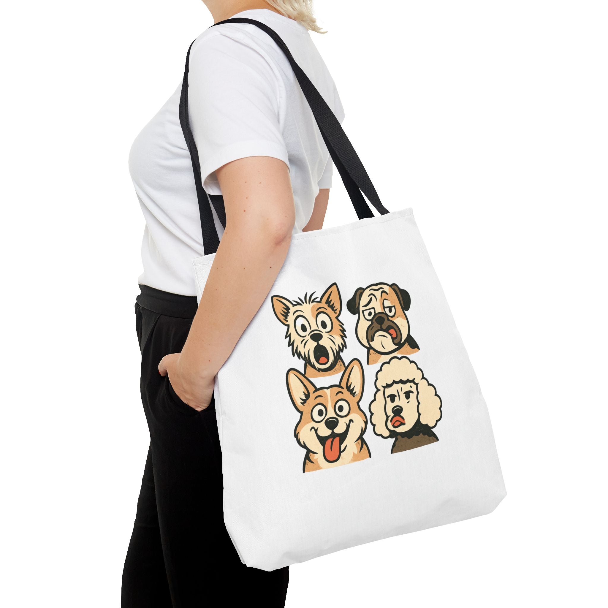 Dog Faces Tote Bag — Cute Cartoon Pug, Corgi, Poodle & Terrier Graphic Tote