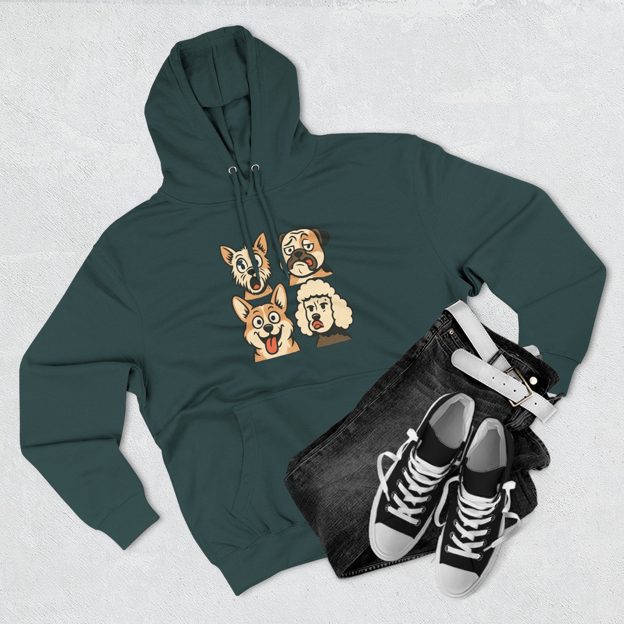 Dog Faces Fleece Hoodie - Cute Cartoon Canine Portraits Pullover