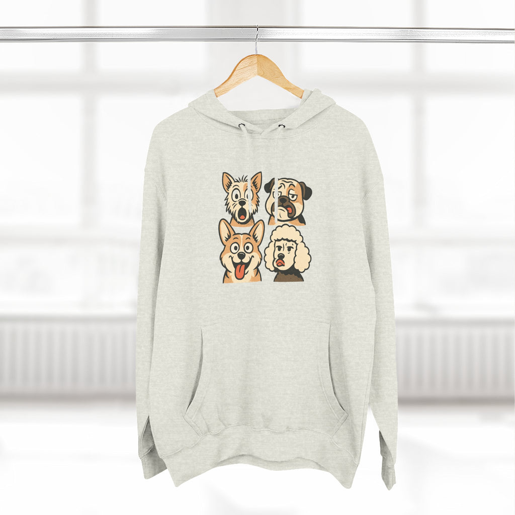 Dog Faces Fleece Hoodie - Cute Cartoon Canine Portraits Pullover