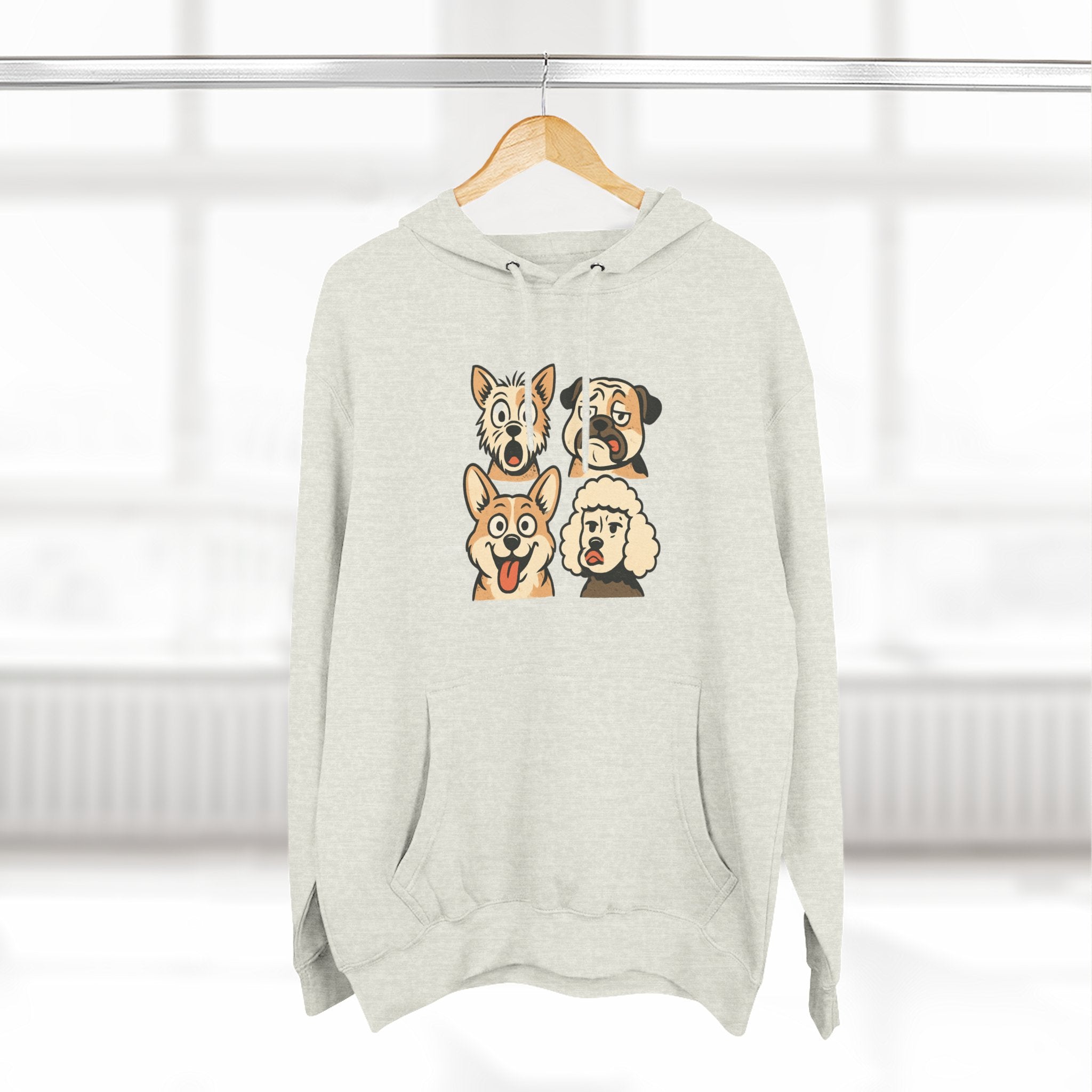 Dog Faces Fleece Hoodie - Cute Cartoon Canine Portraits Pullover