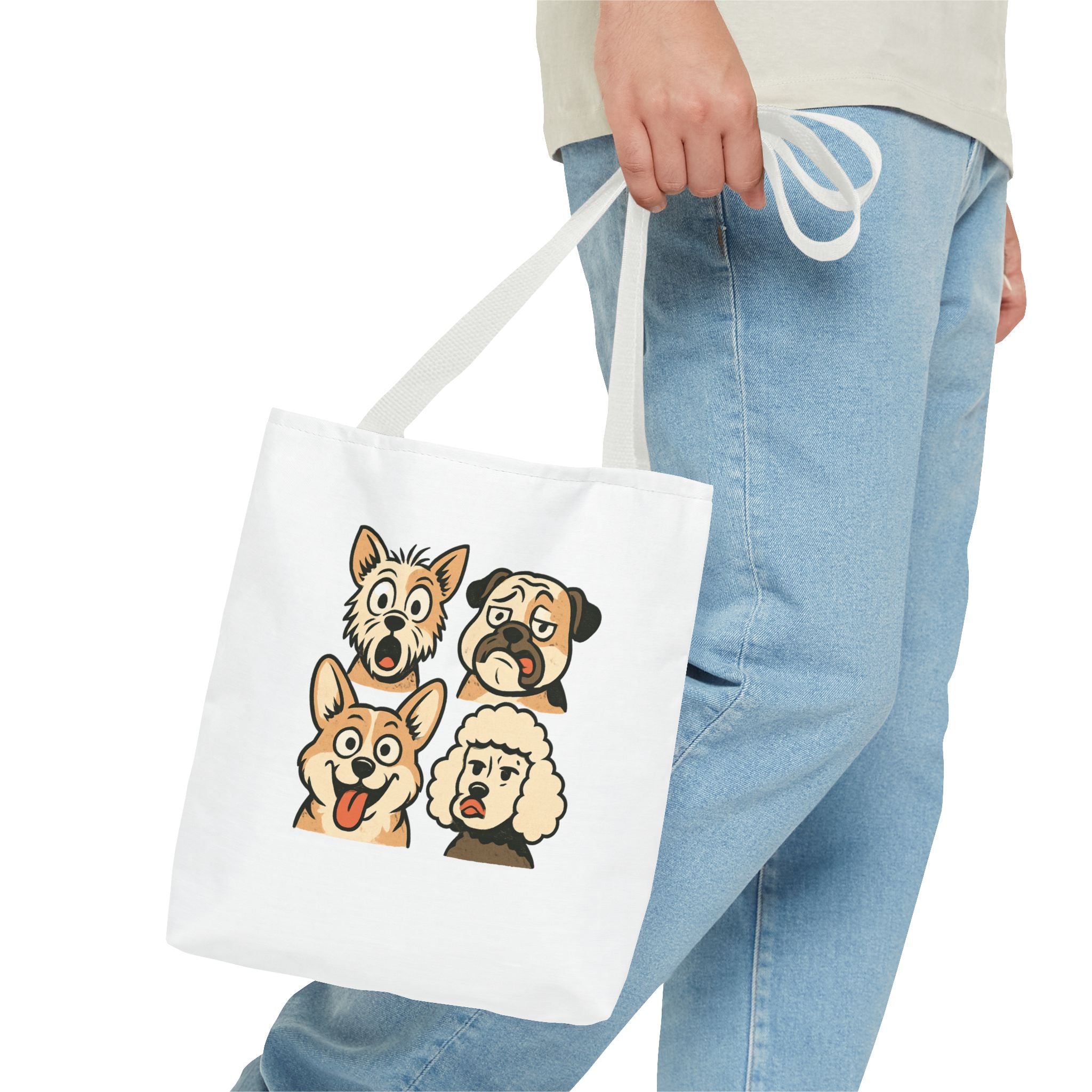 Dog Faces Tote Bag — Cute Cartoon Pug, Corgi, Poodle & Terrier Graphic Tote