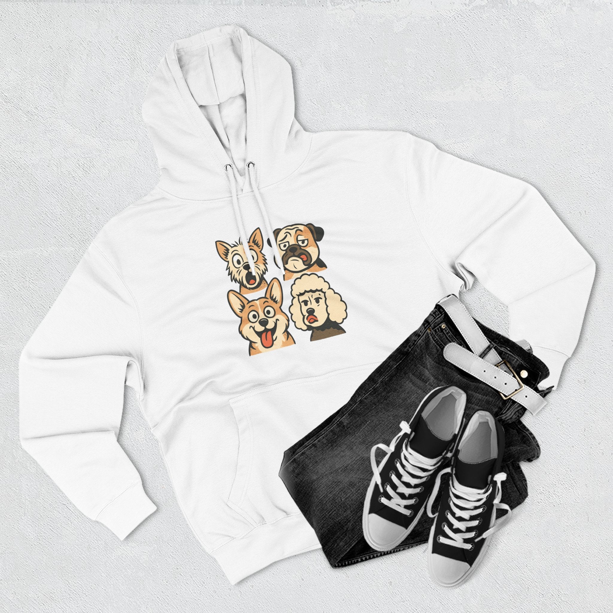 Dog Faces Fleece Hoodie - Cute Cartoon Canine Portraits Pullover