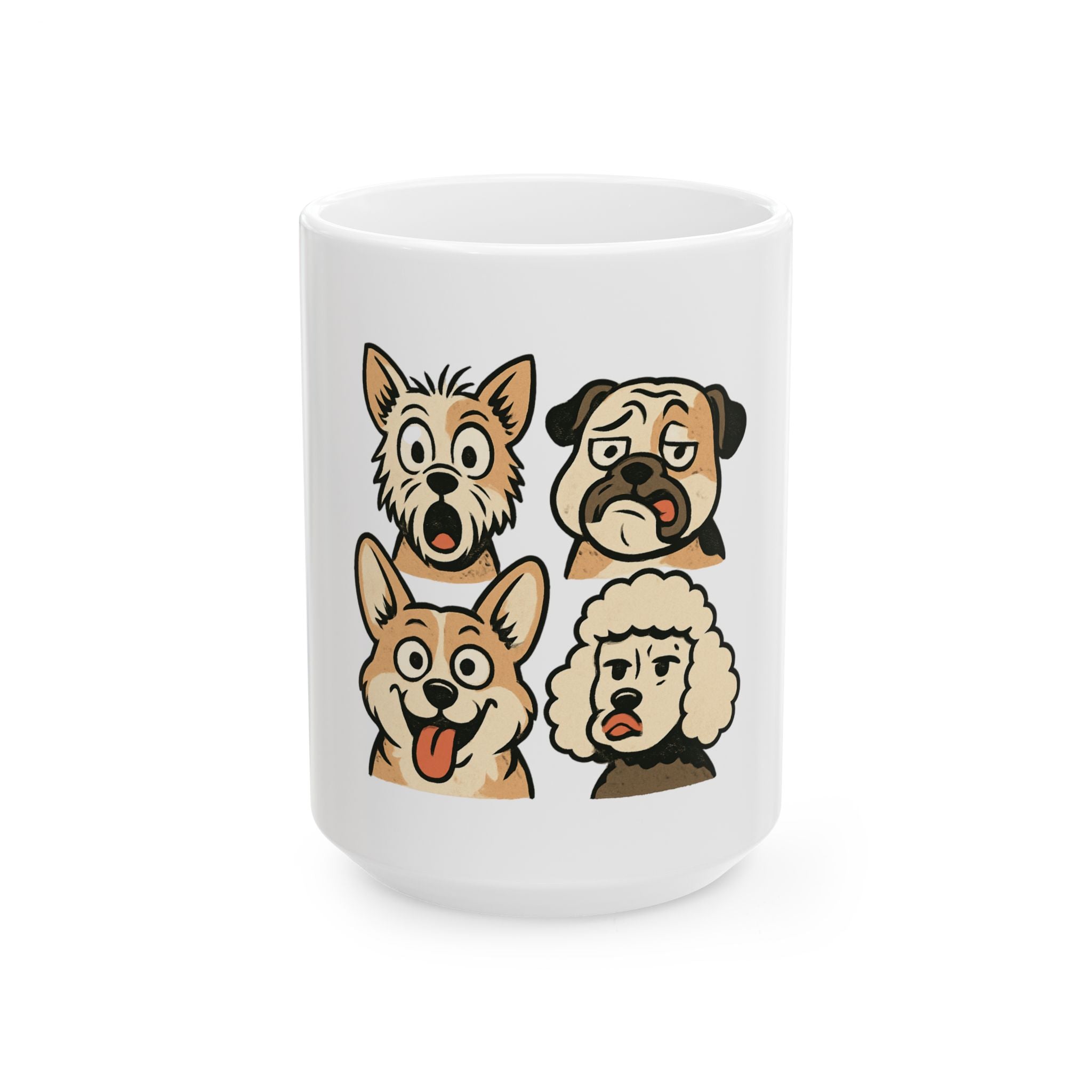 Dog Faces Ceramic Mug - Cute Cartoon Pug, Corgi & Poodle Coffee Cup (11oz & 15oz)