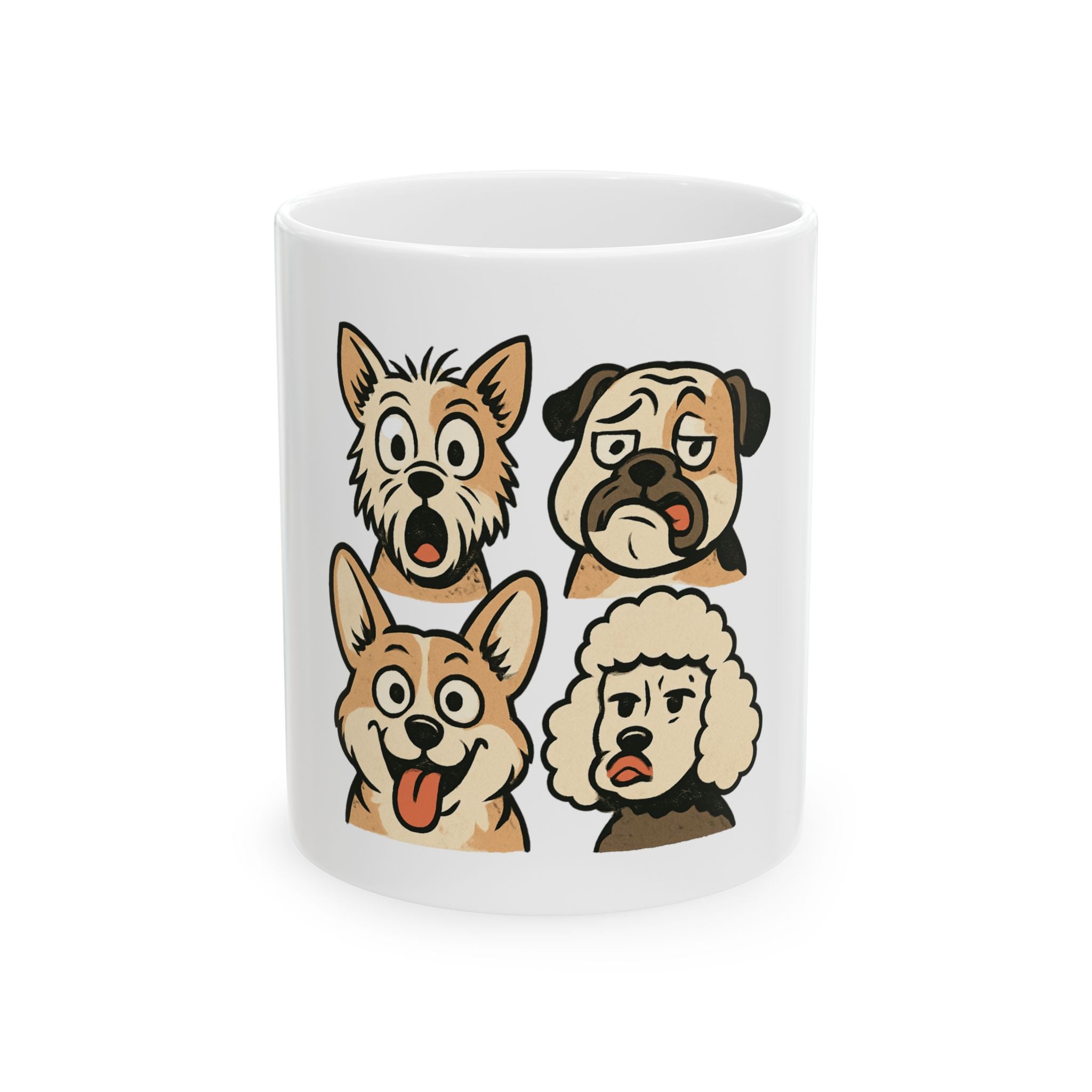 Dog Faces Ceramic Mug - Cute Cartoon Pug, Corgi & Poodle Coffee Cup (11oz & 15oz)