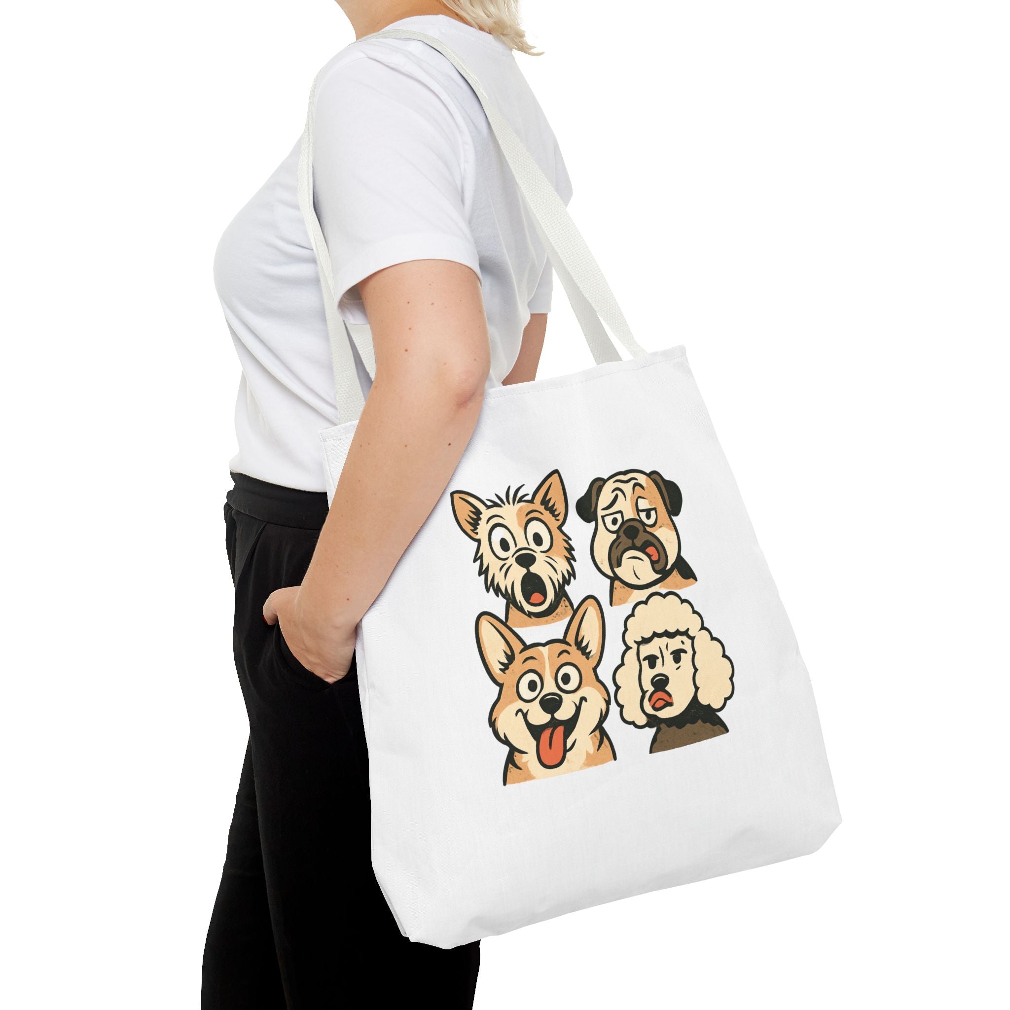 Dog Faces Tote Bag — Cute Cartoon Pug, Corgi, Poodle & Terrier Graphic Tote