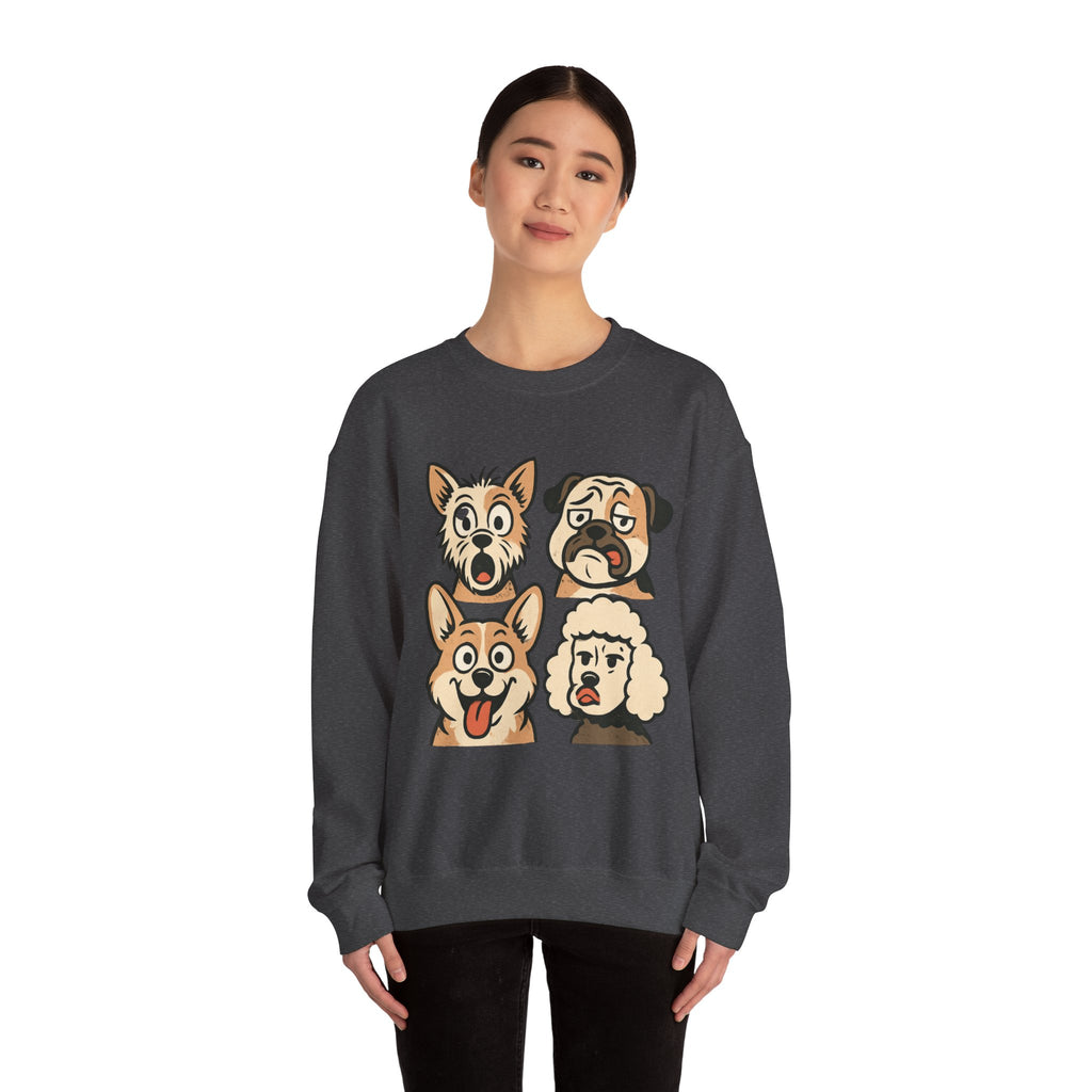 Dog Faces Crewneck Sweatshirt - Cute Cartoon Pug, Corgi & Poodle Graphic