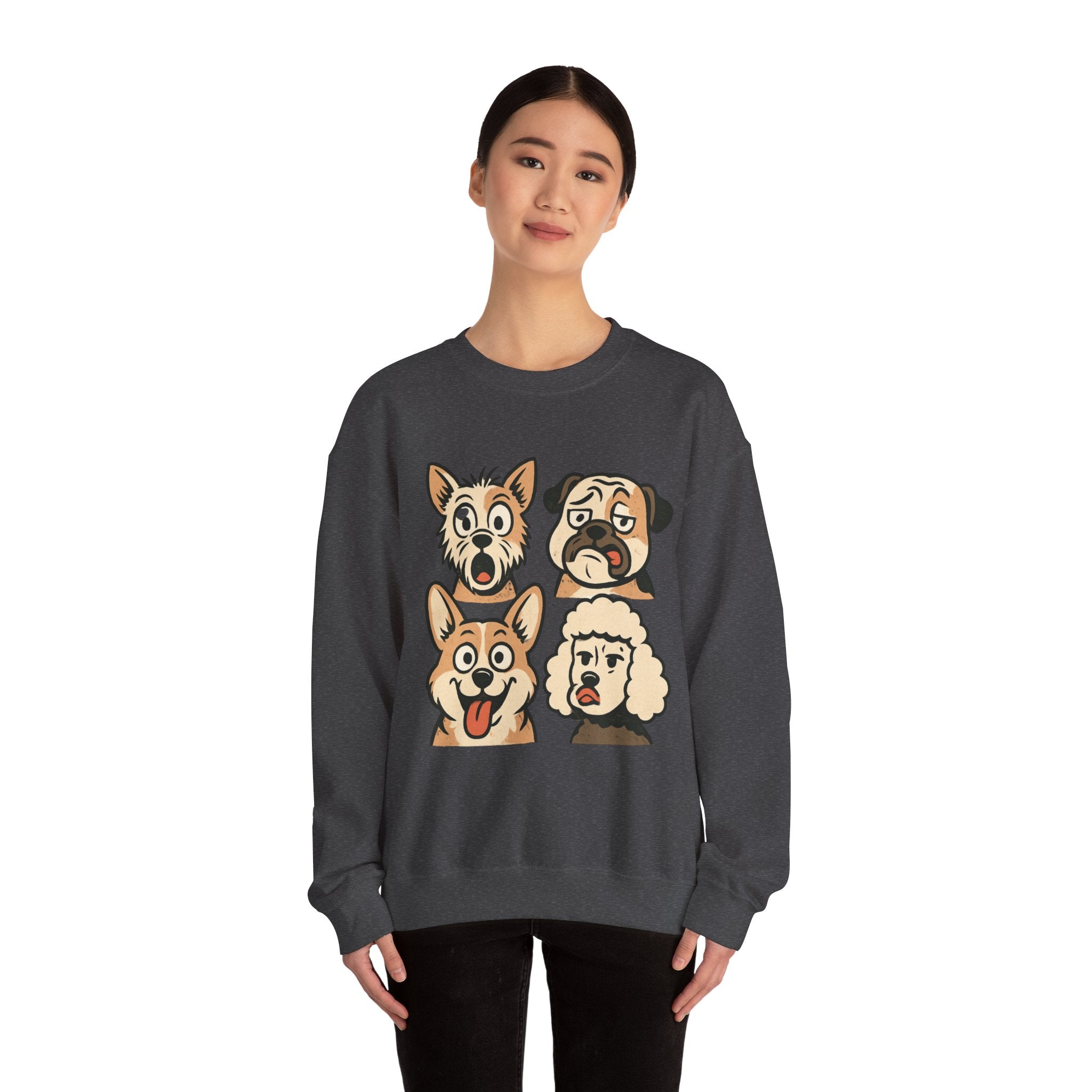 Dog Faces Crewneck Sweatshirt - Cute Cartoon Pug, Corgi & Poodle Graphic