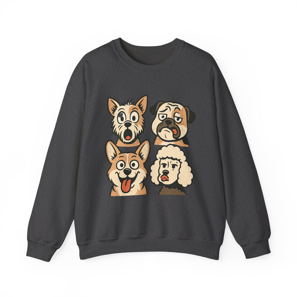 Dog Faces Crewneck Sweatshirt - Cute Cartoon Pug, Corgi & Poodle Graphic