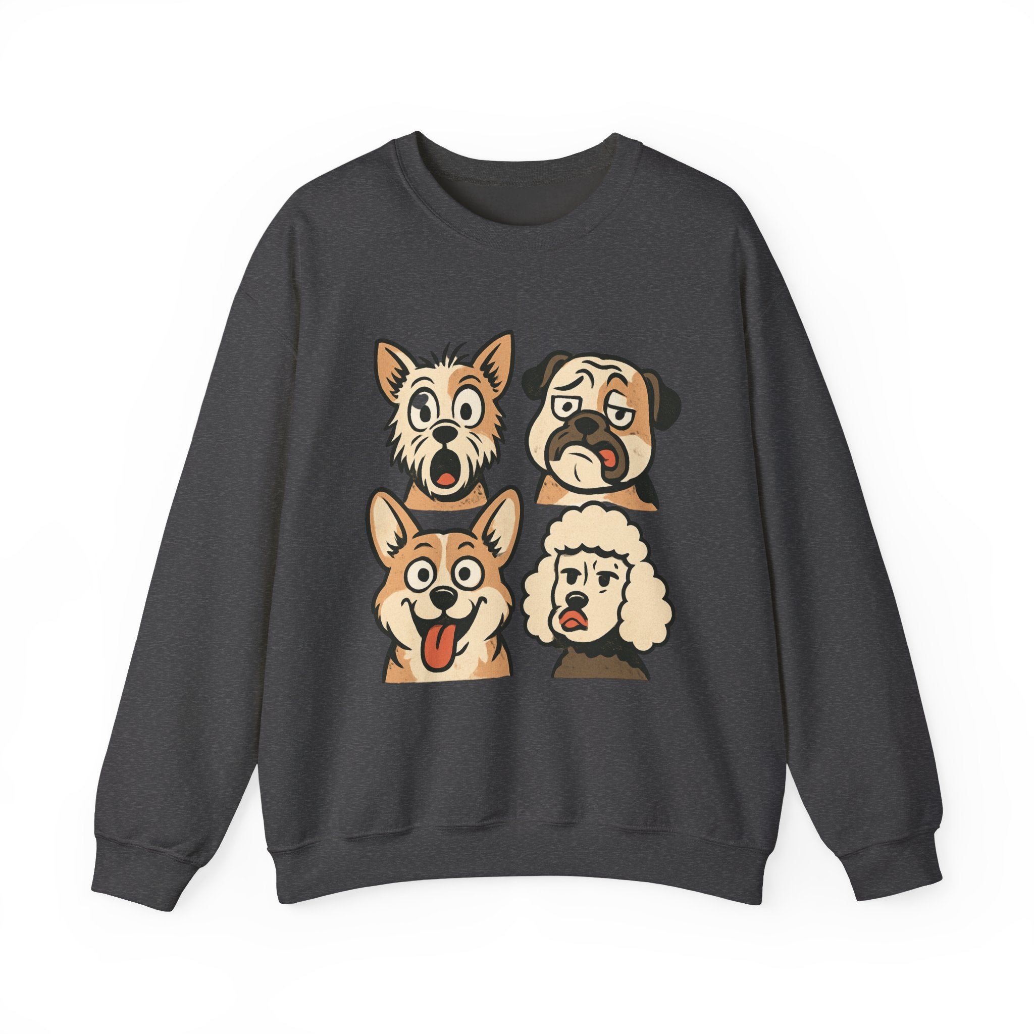 Dog Faces Crewneck Sweatshirt - Cute Cartoon Pug, Corgi & Poodle Graphic
