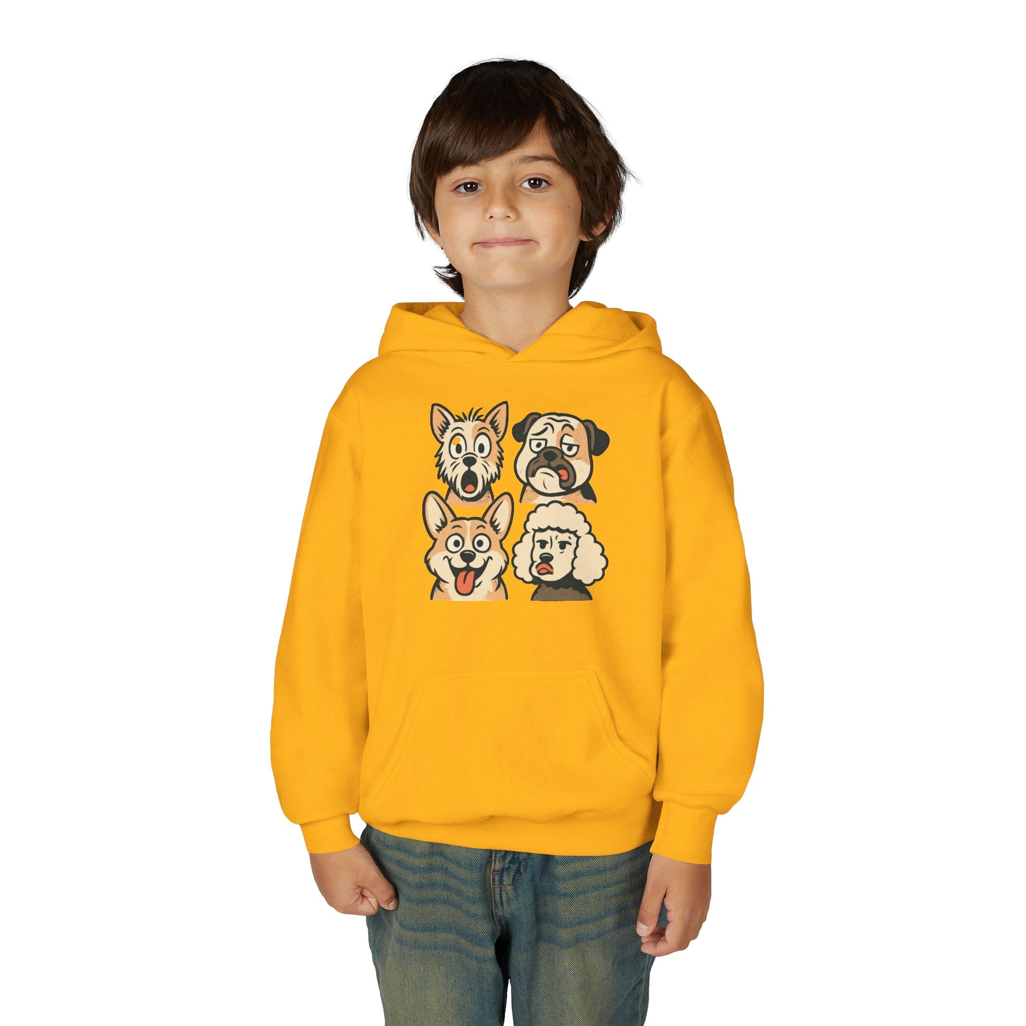 Youth Dog Faces Hoodie — Cute Cartoon Paw Print Pullover for Kids