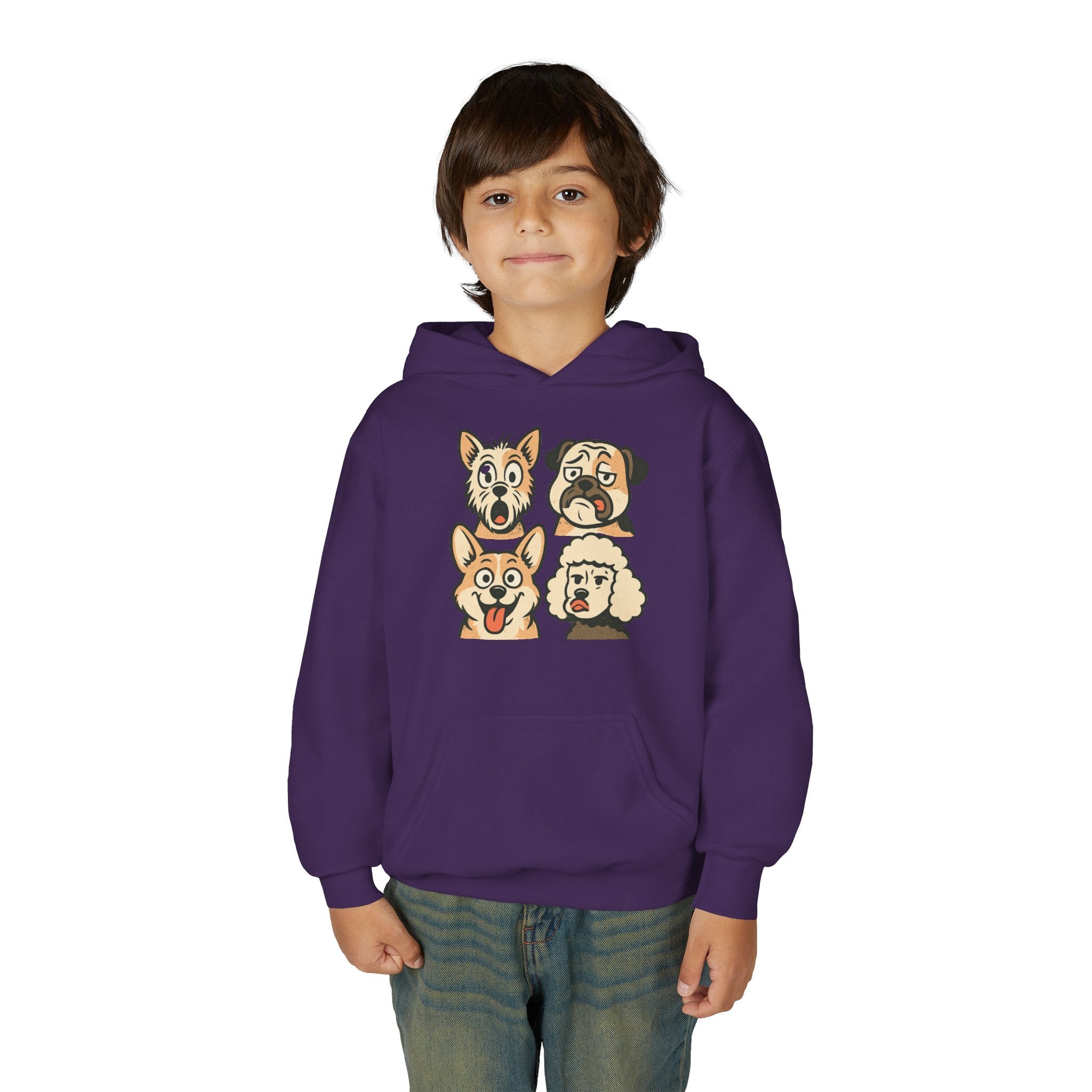 Youth Dog Faces Hoodie — Cute Cartoon Paw Print Pullover for Kids