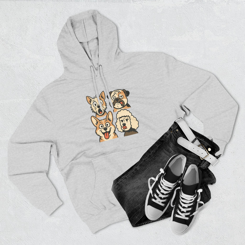 Dog Faces Fleece Hoodie - Cute Cartoon Canine Portraits Pullover