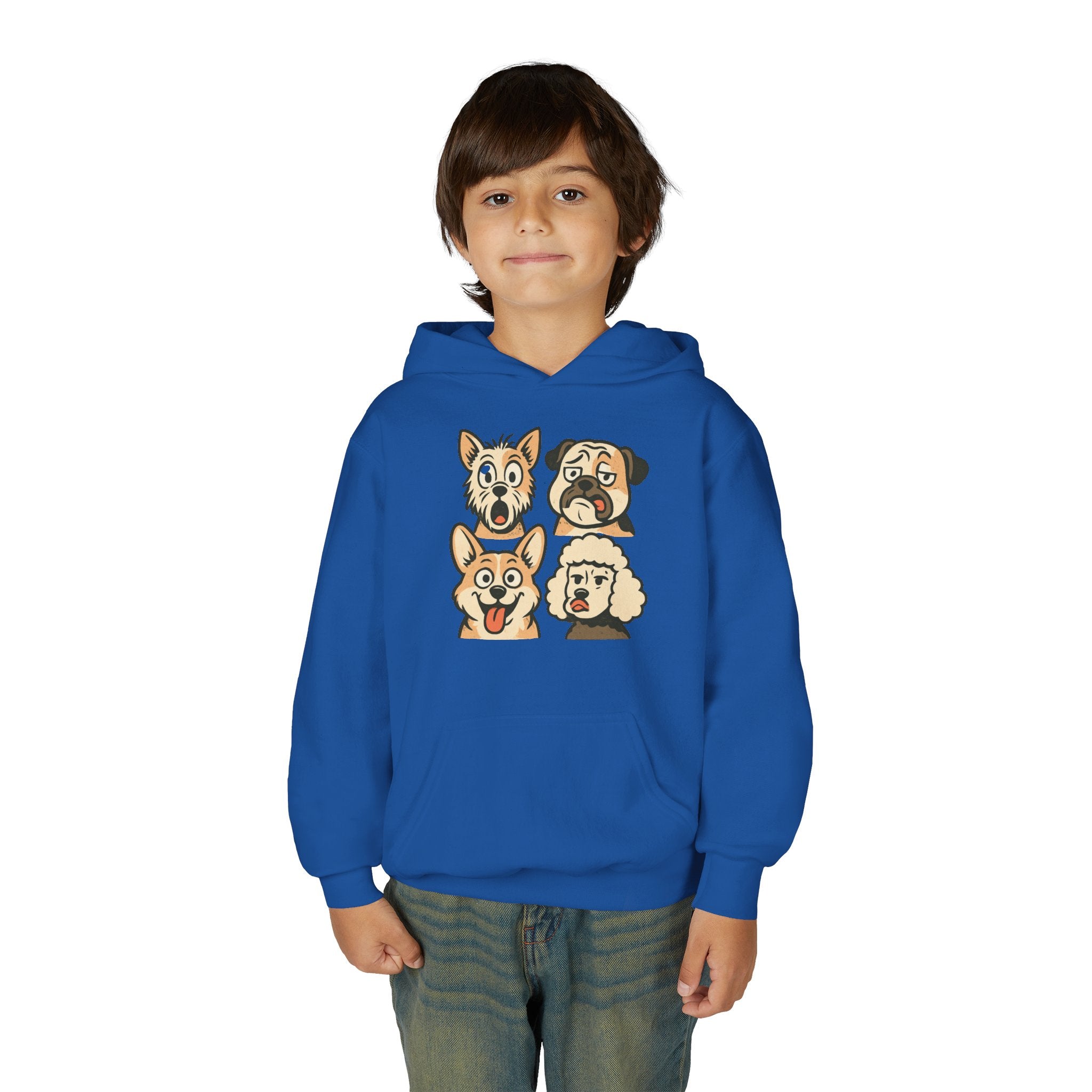 Youth Dog Faces Hoodie — Cute Cartoon Paw Print Pullover for Kids