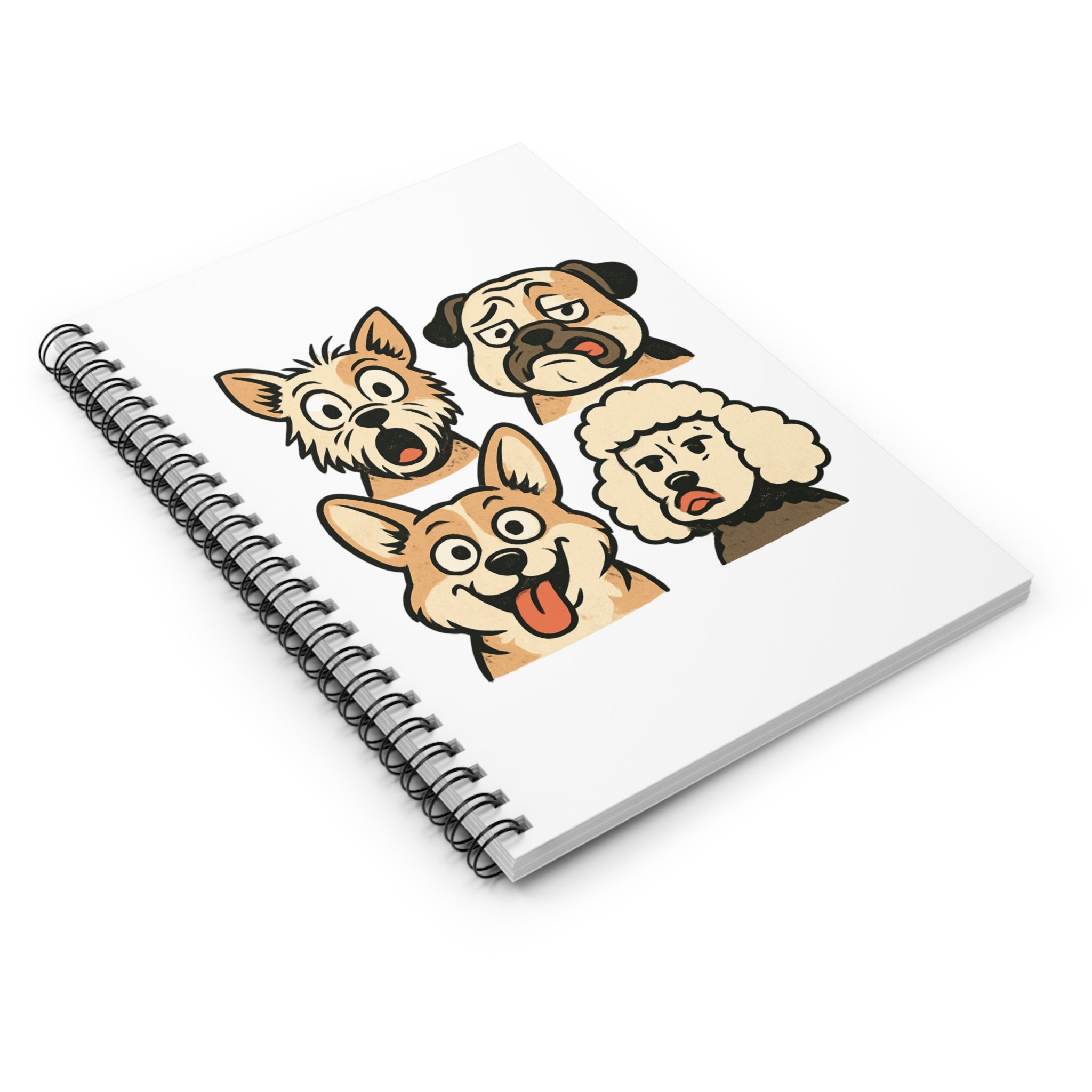 Dog Faces Spiral Notebook — Cute Cartoon Pug, Corgi, Poodle & Terrier Ruled Journal