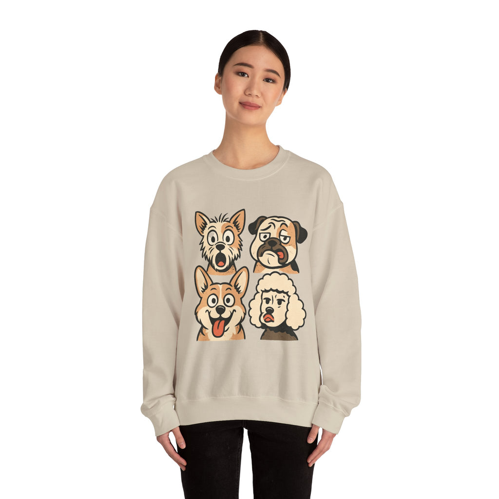 Dog Faces Crewneck Sweatshirt - Cute Cartoon Pug, Corgi & Poodle Graphic