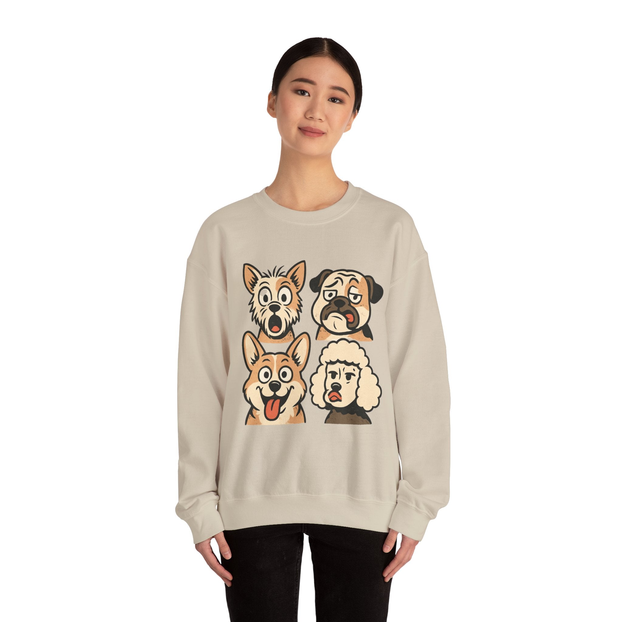 Dog Faces Crewneck Sweatshirt - Cute Cartoon Pug, Corgi & Poodle Graphic