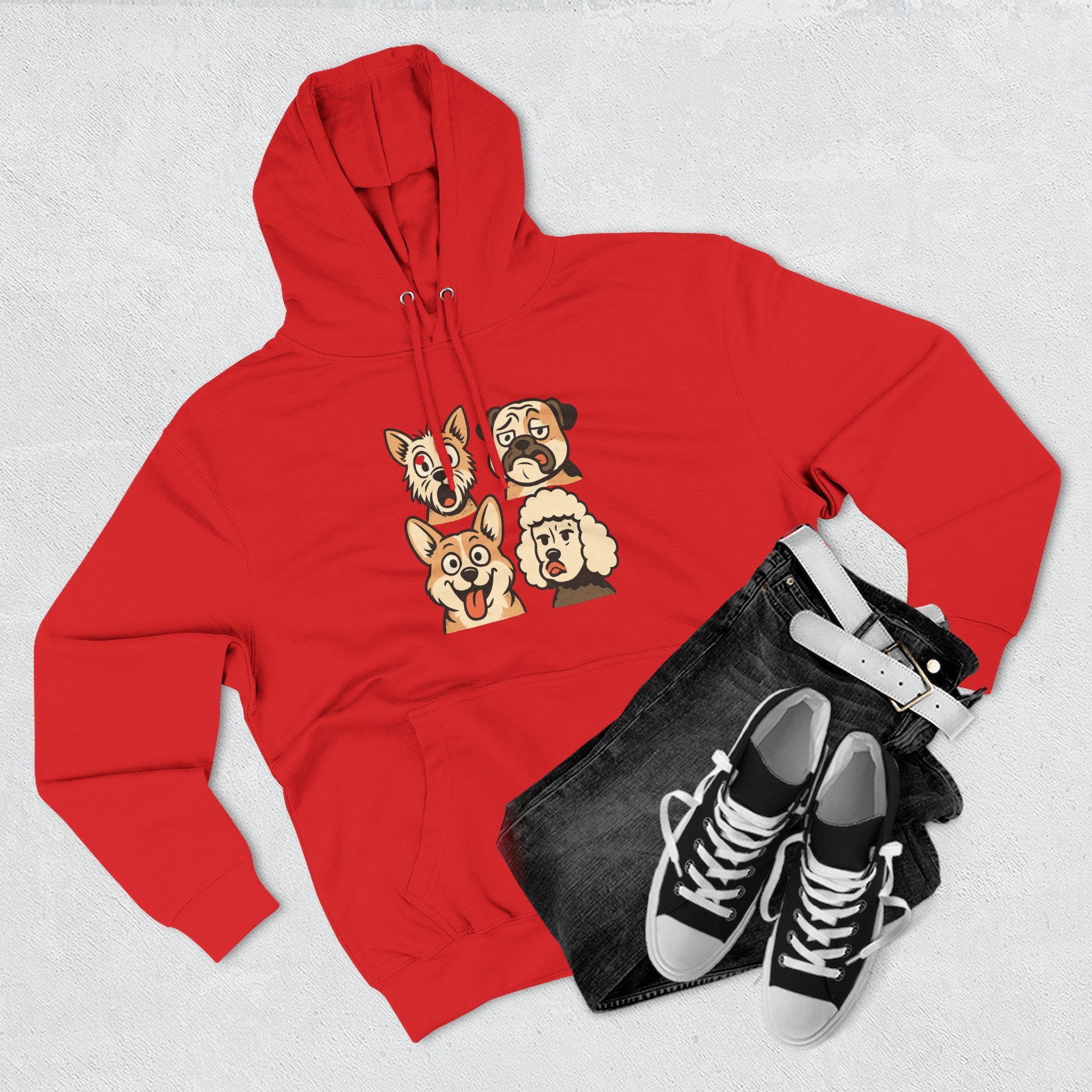 Dog Faces Fleece Hoodie - Cute Cartoon Canine Portraits Pullover