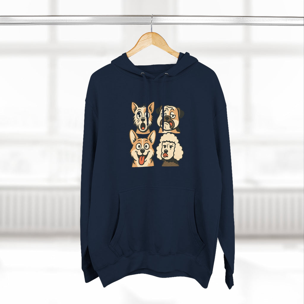 Dog Faces Fleece Hoodie - Cute Cartoon Canine Portraits Pullover