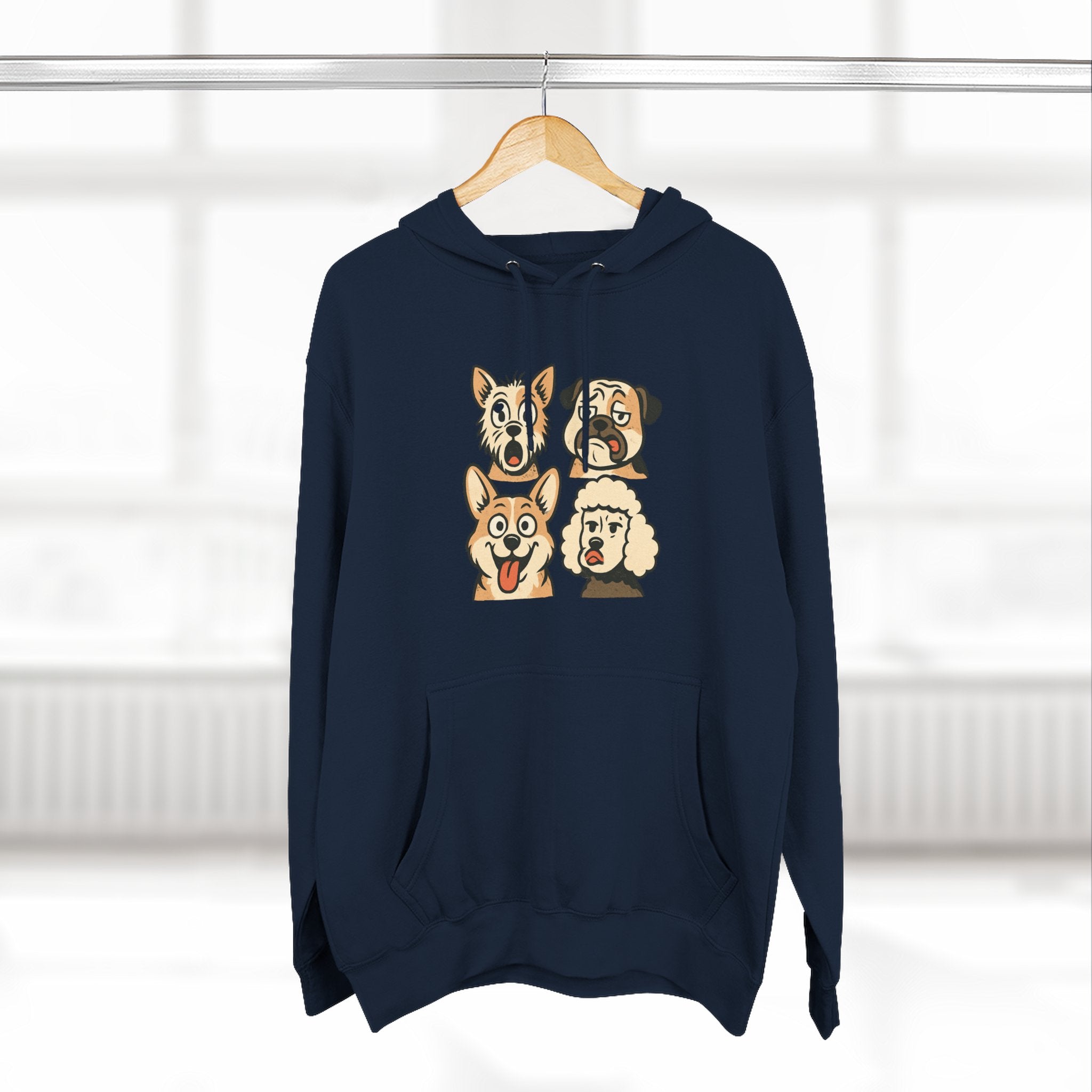 Dog Faces Fleece Hoodie - Cute Cartoon Canine Portraits Pullover