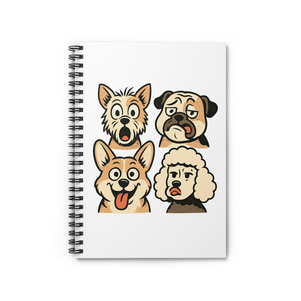 Dog Faces Spiral Notebook — Cute Cartoon Pug, Corgi, Poodle & Terrier Ruled Journal