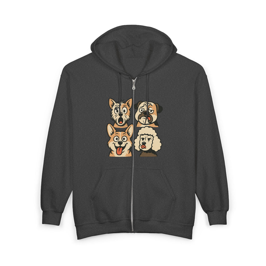 Cute Dog Faces Full-Zip Hoodie — Cartoon Husky, Pug, Corgi & Poodle Zip-Up Sweatshirt