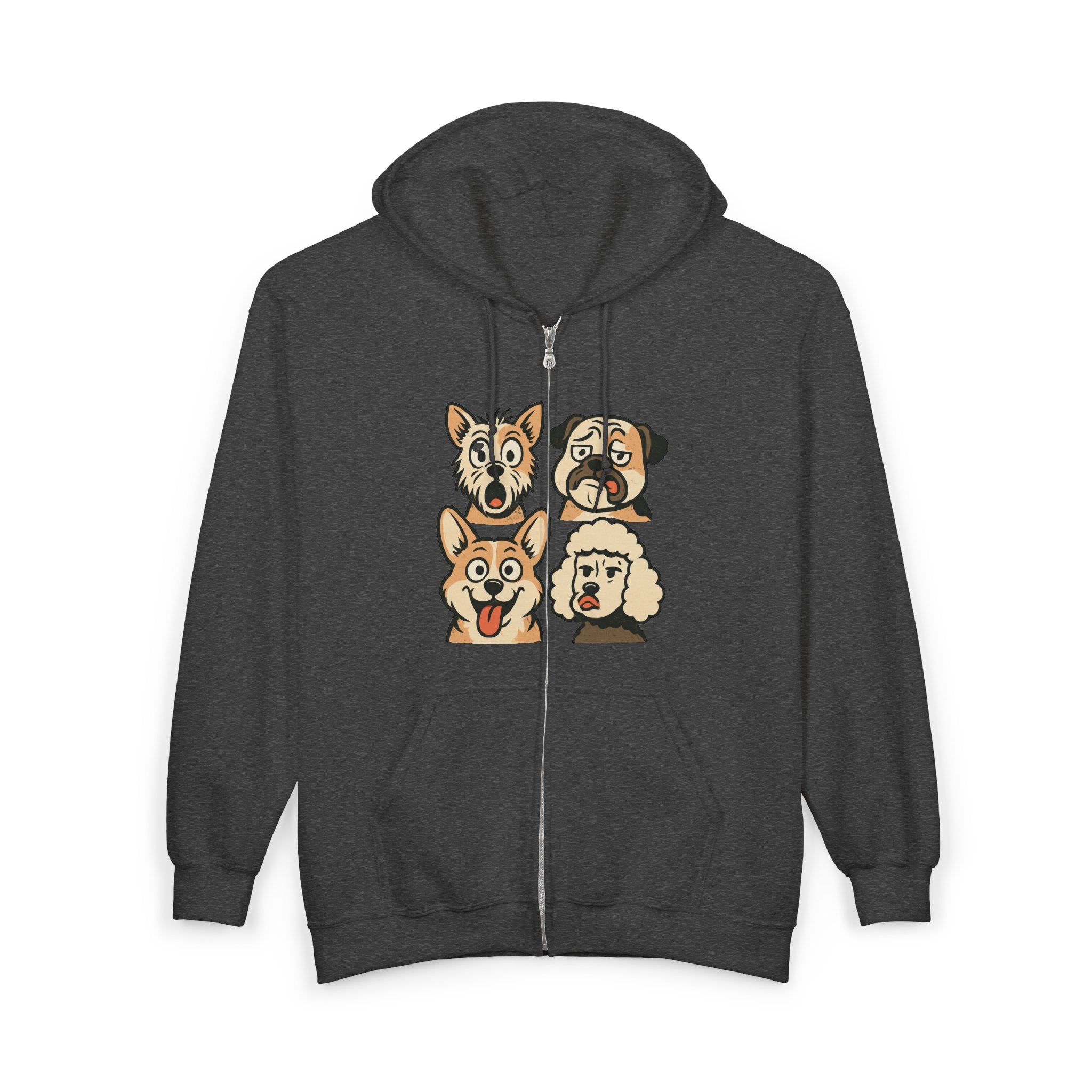 Cute Dog Faces Full-Zip Hoodie — Cartoon Husky, Pug, Corgi & Poodle Zip-Up Sweatshirt