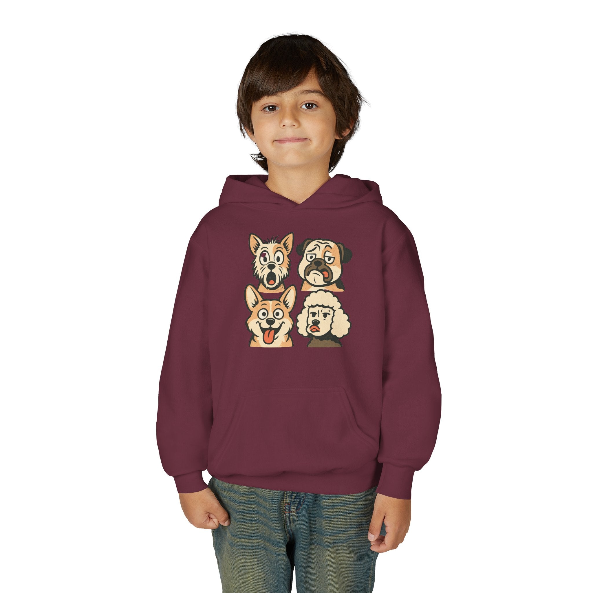 Youth Dog Faces Hoodie — Cute Cartoon Paw Print Pullover for Kids