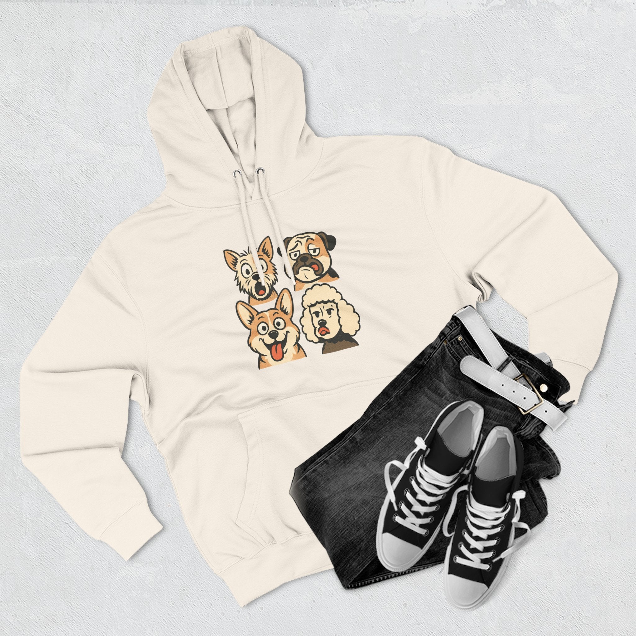 Dog Faces Fleece Hoodie - Cute Cartoon Canine Portraits Pullover