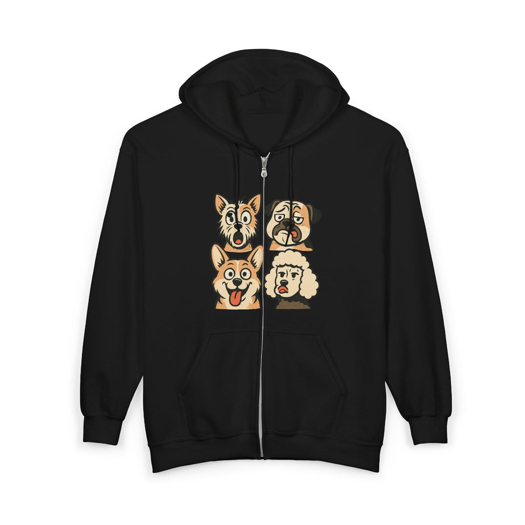 Cute Dog Faces Full-Zip Hoodie — Cartoon Husky, Pug, Corgi & Poodle Zip-Up Sweatshirt