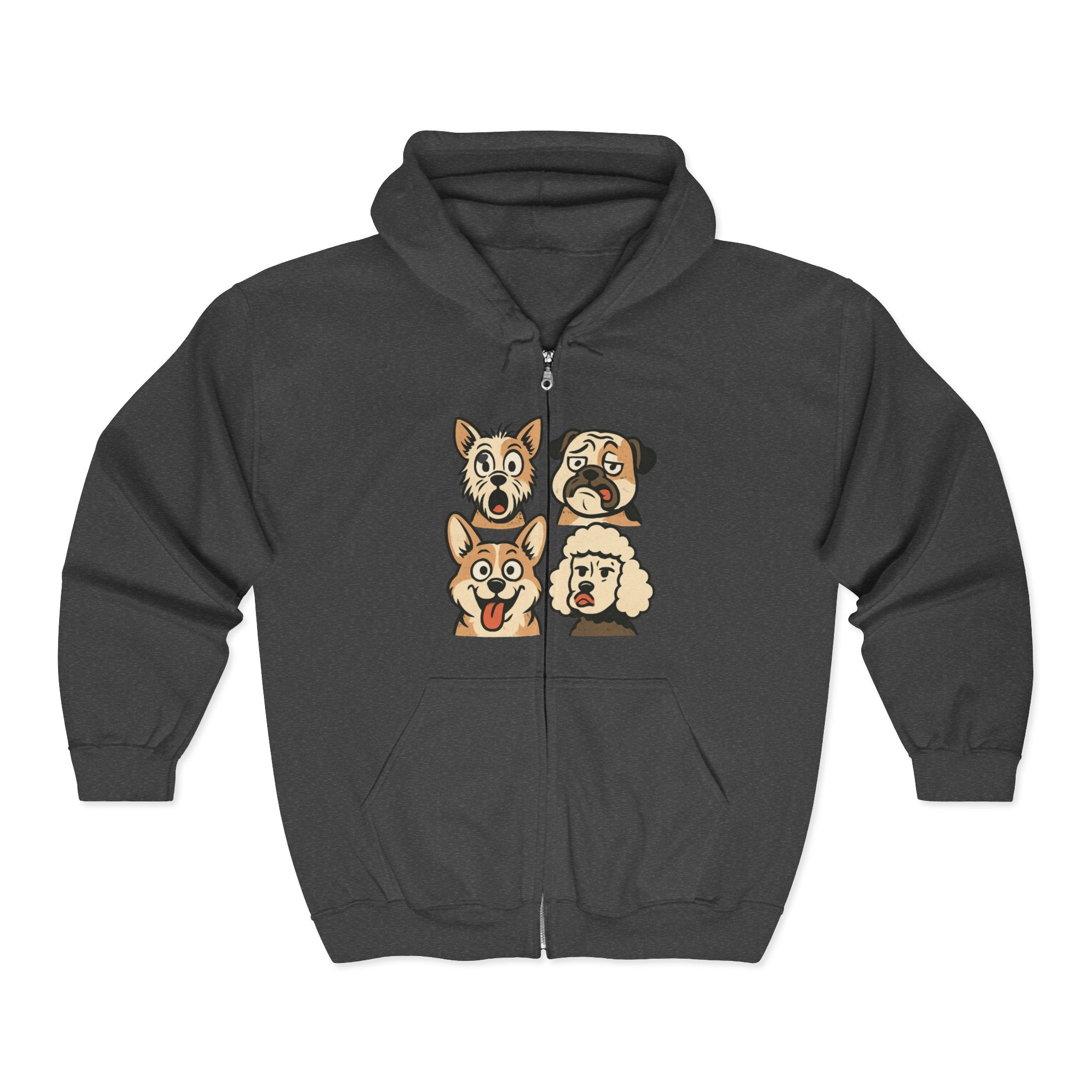 Cute Dog Faces Full-Zip Hoodie — Cartoon Husky, Pug, Corgi & Poodle Zip-Up Sweatshirt
