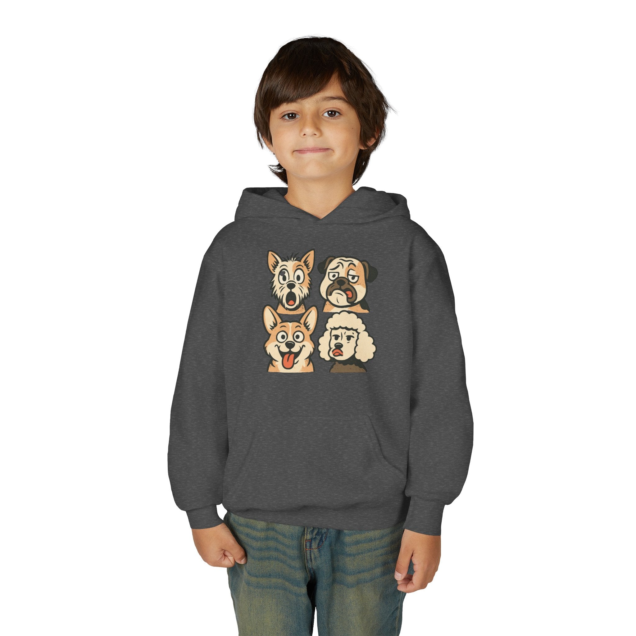 Youth Dog Faces Hoodie — Cute Cartoon Paw Print Pullover for Kids