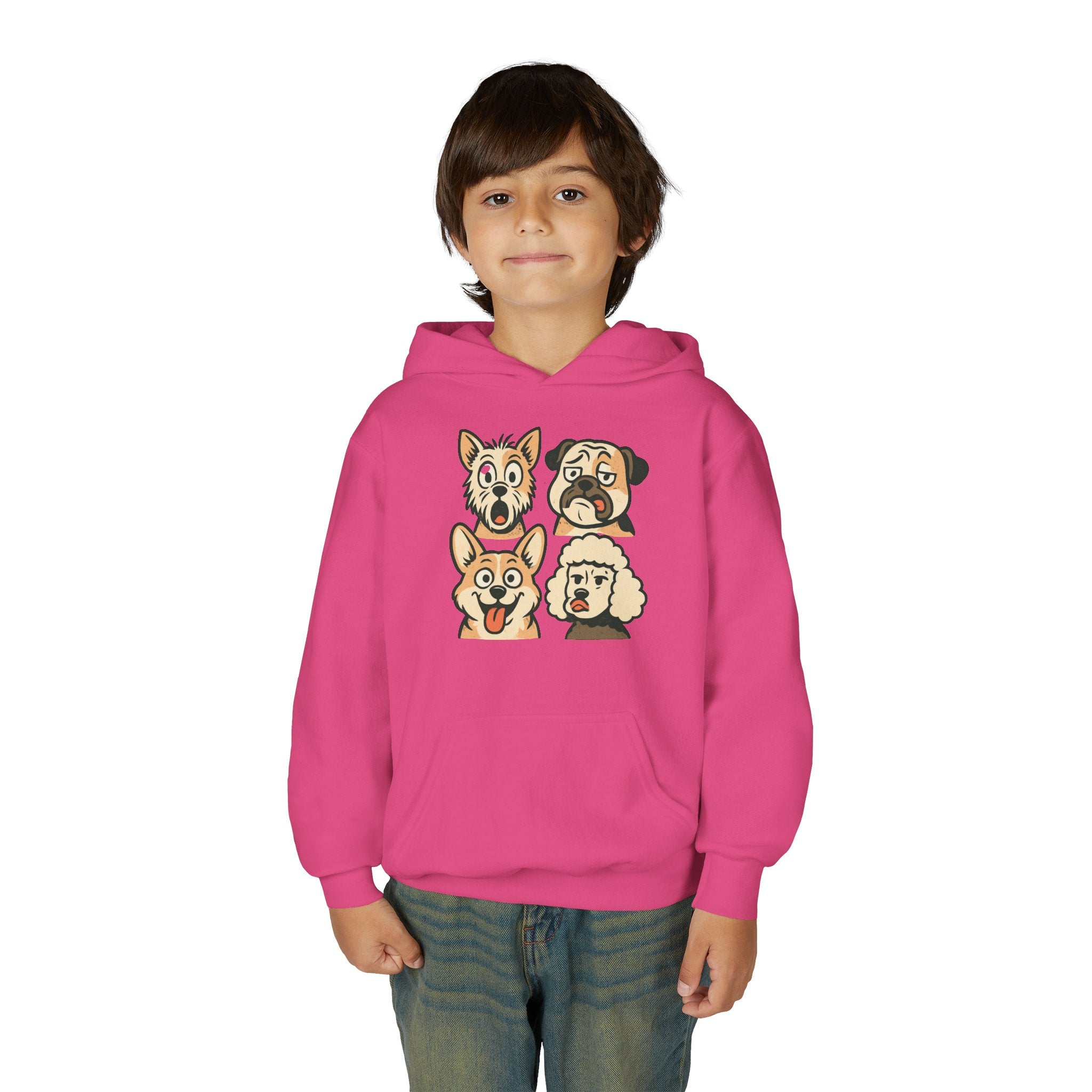 Youth Dog Faces Hoodie — Cute Cartoon Paw Print Pullover for Kids