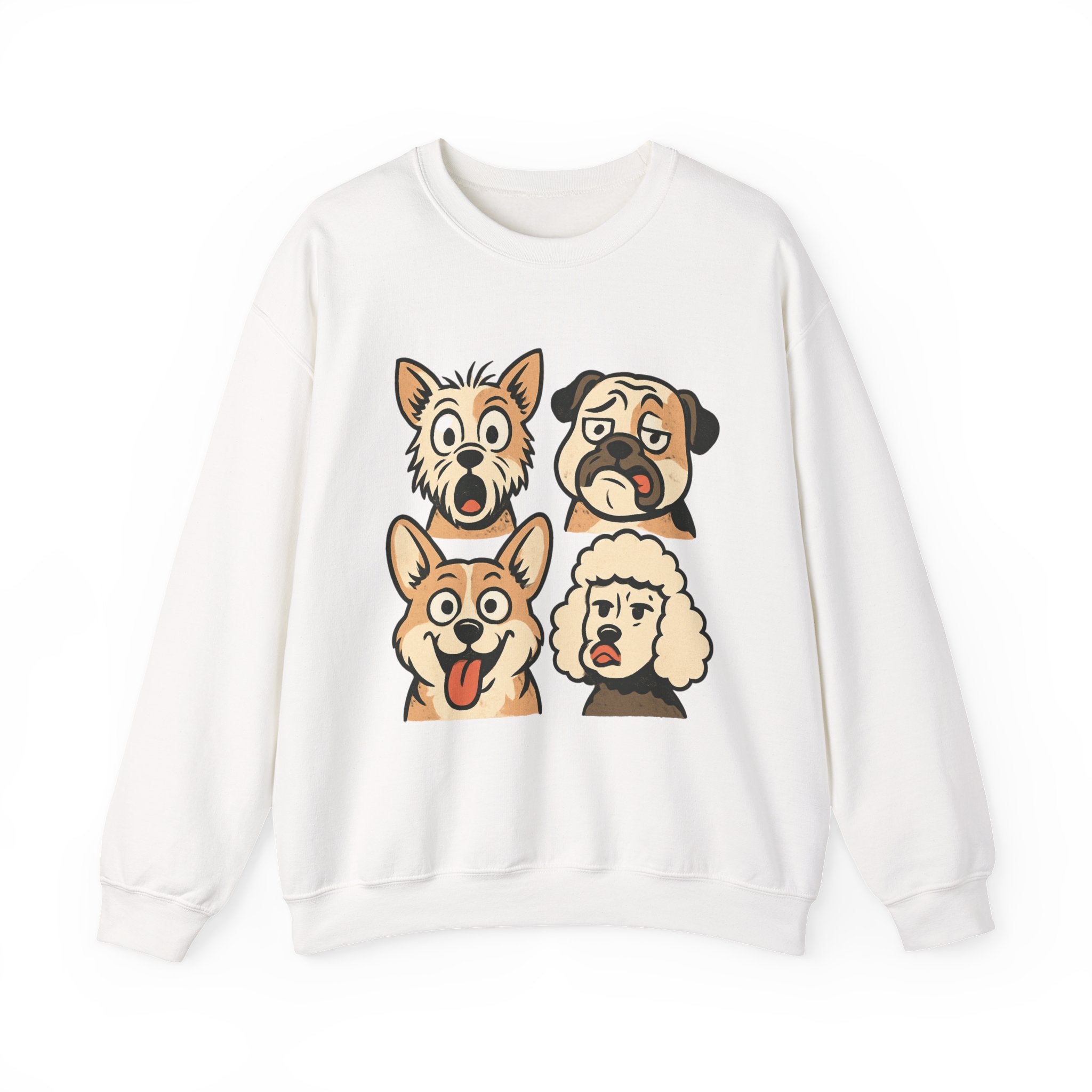 Dog Faces Crewneck Sweatshirt - Cute Cartoon Pug, Corgi & Poodle Graphic