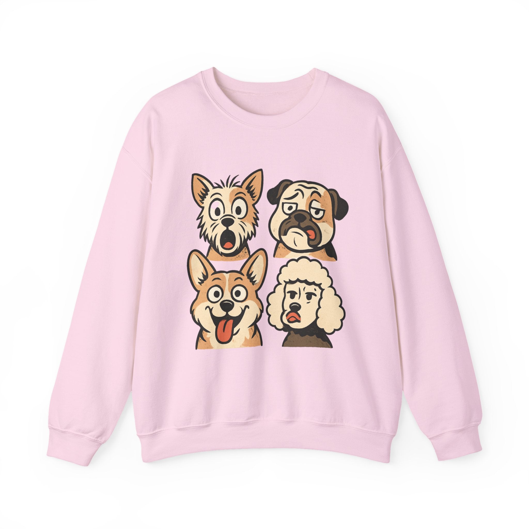 Dog Faces Crewneck Sweatshirt - Cute Cartoon Pug, Corgi & Poodle Graphic