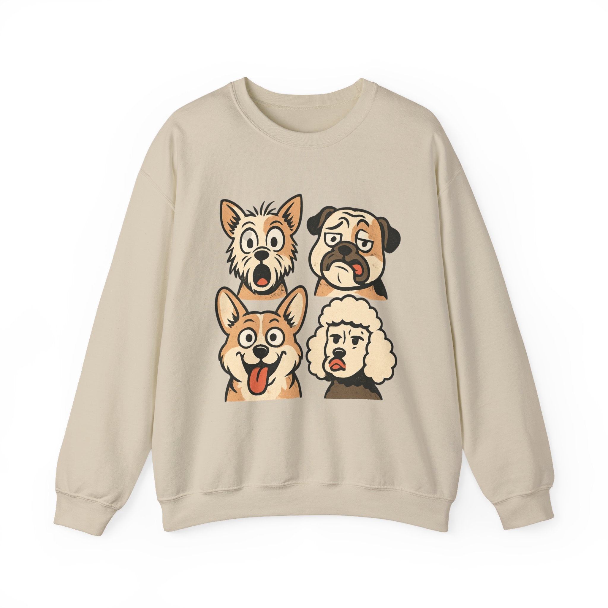 Dog Faces Crewneck Sweatshirt - Cute Cartoon Pug, Corgi & Poodle Graphic