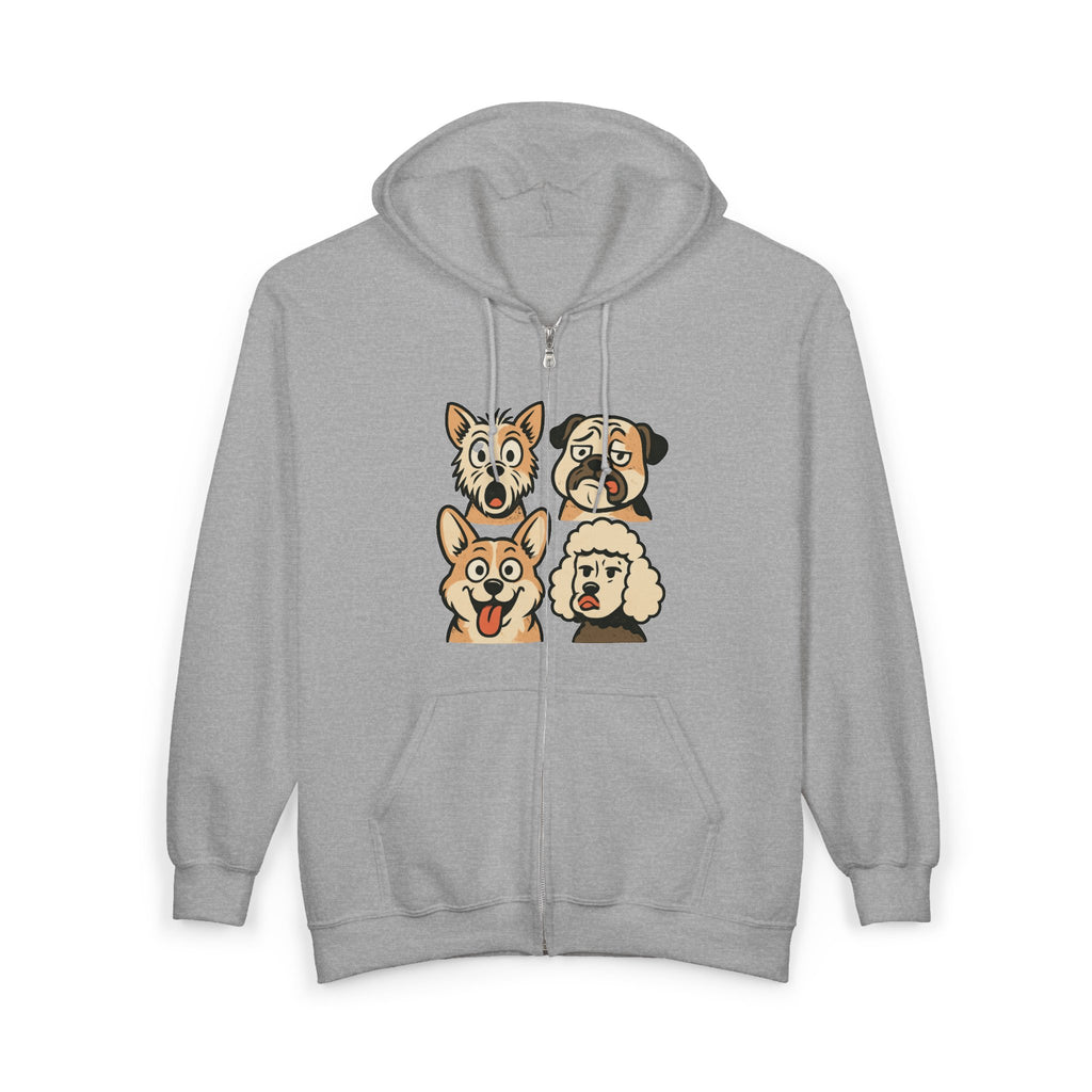 Cute Dog Faces Full-Zip Hoodie — Cartoon Husky, Pug, Corgi & Poodle Zip-Up Sweatshirt