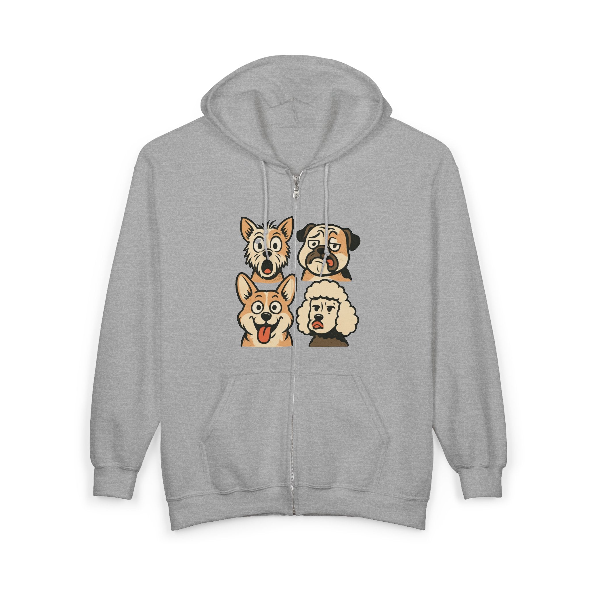 Cute Dog Faces Full-Zip Hoodie — Cartoon Husky, Pug, Corgi & Poodle Zip-Up Sweatshirt