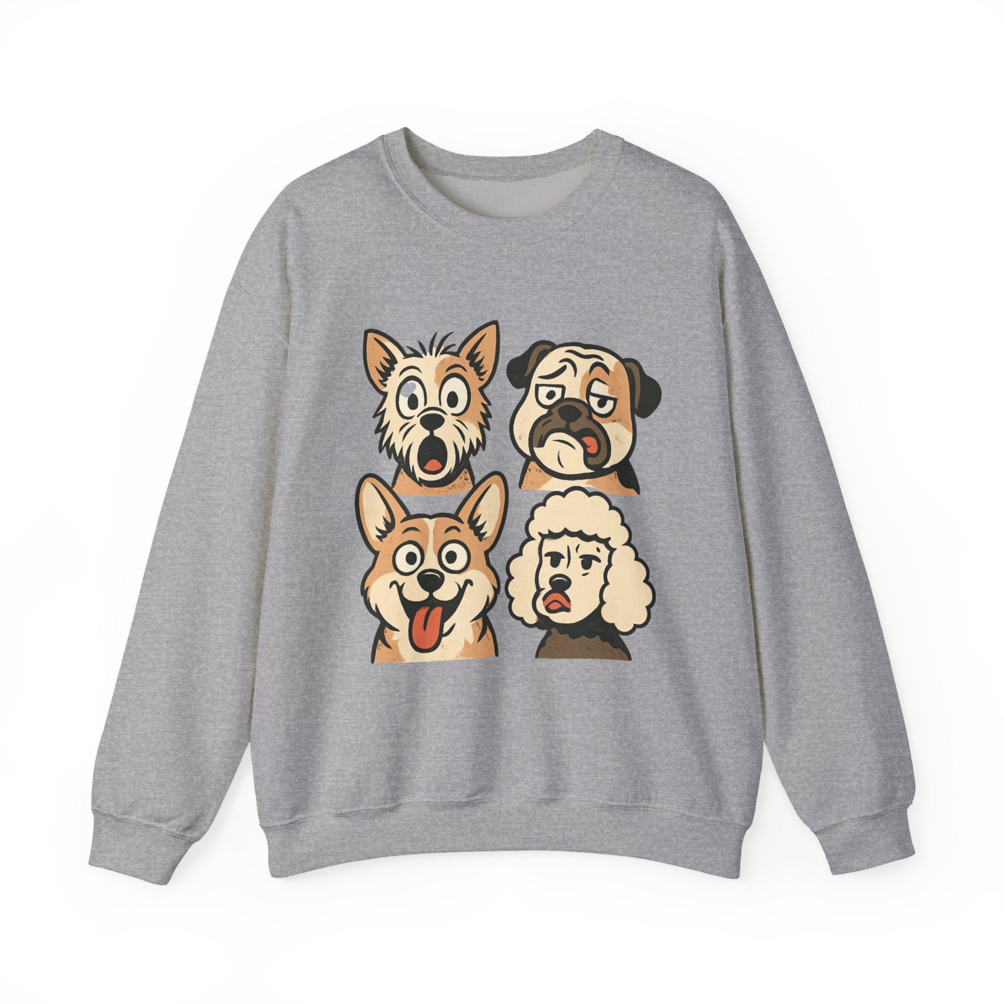 Dog Faces Crewneck Sweatshirt - Cute Cartoon Pug, Corgi & Poodle Graphic