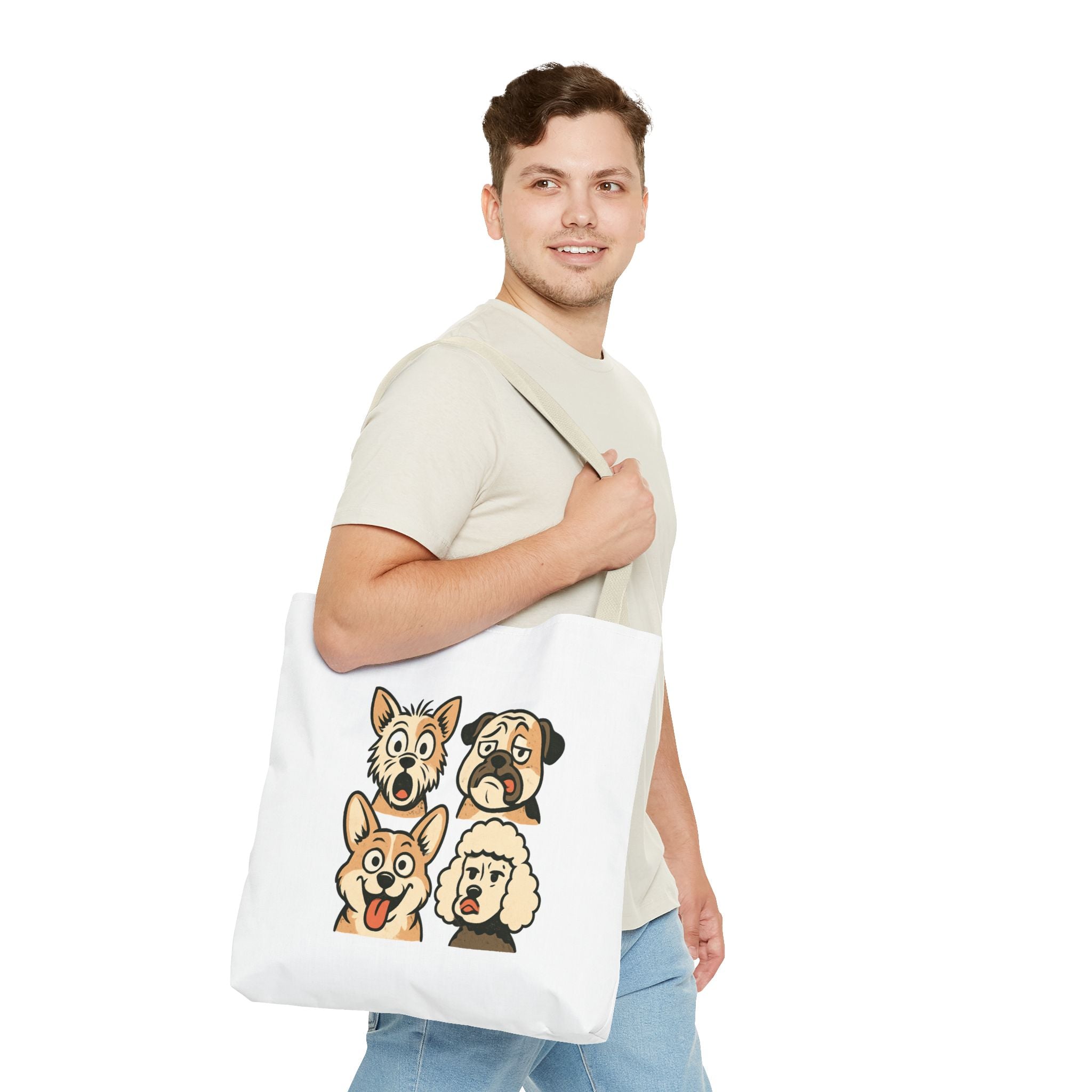 Dog Faces Tote Bag — Cute Cartoon Pug, Corgi, Poodle & Terrier Graphic Tote
