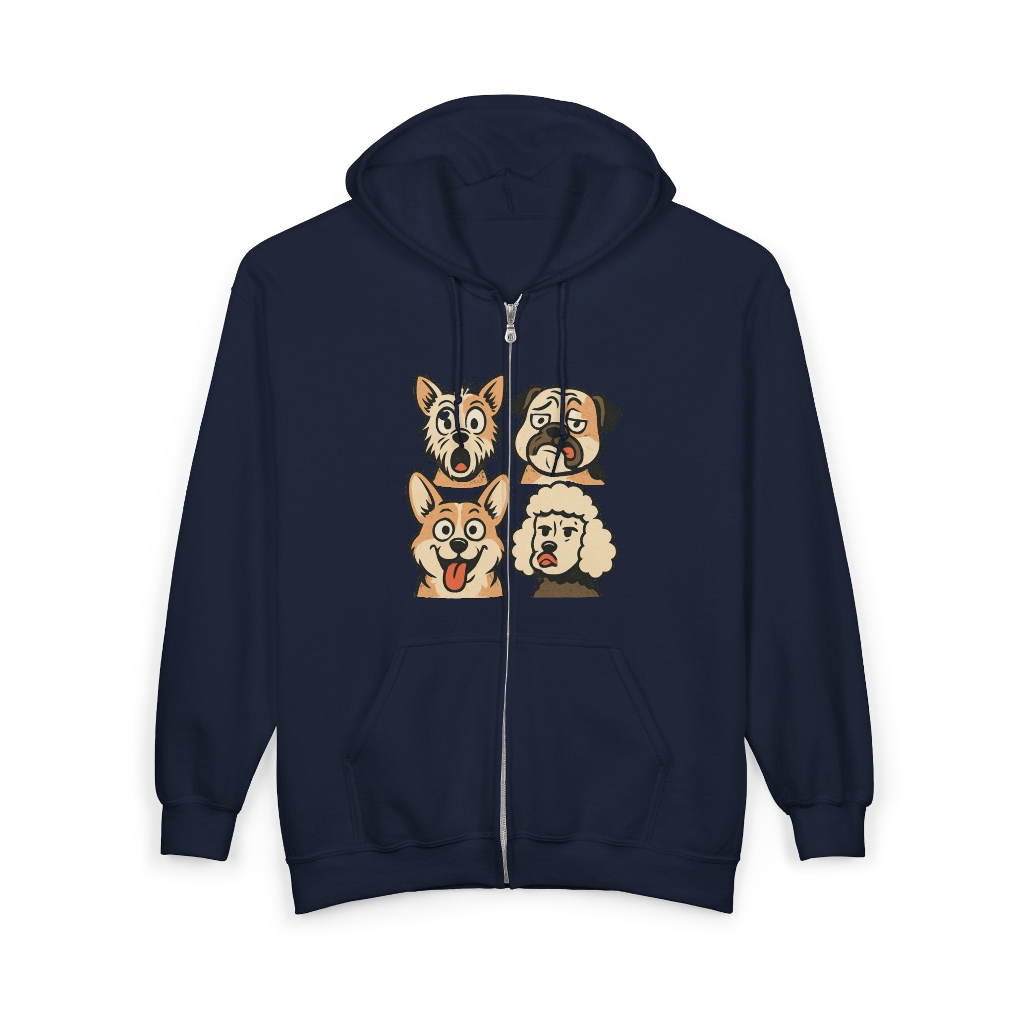 Cute Dog Faces Full-Zip Hoodie — Cartoon Husky, Pug, Corgi & Poodle Zip-Up Sweatshirt