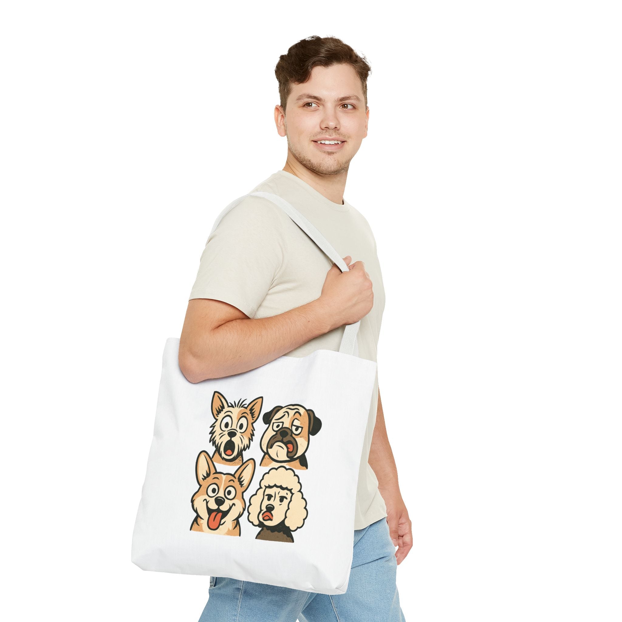 Dog Faces Tote Bag — Cute Cartoon Pug, Corgi, Poodle & Terrier Graphic Tote