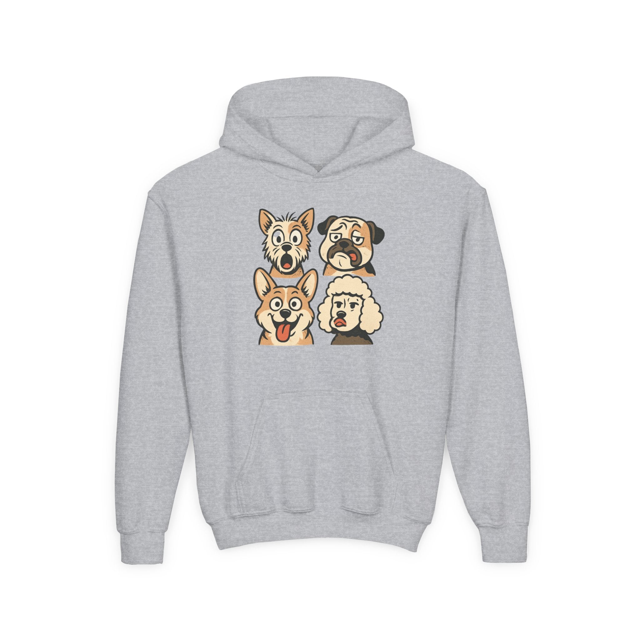 Youth Dog Faces Hoodie — Cute Cartoon Paw Print Pullover for Kids