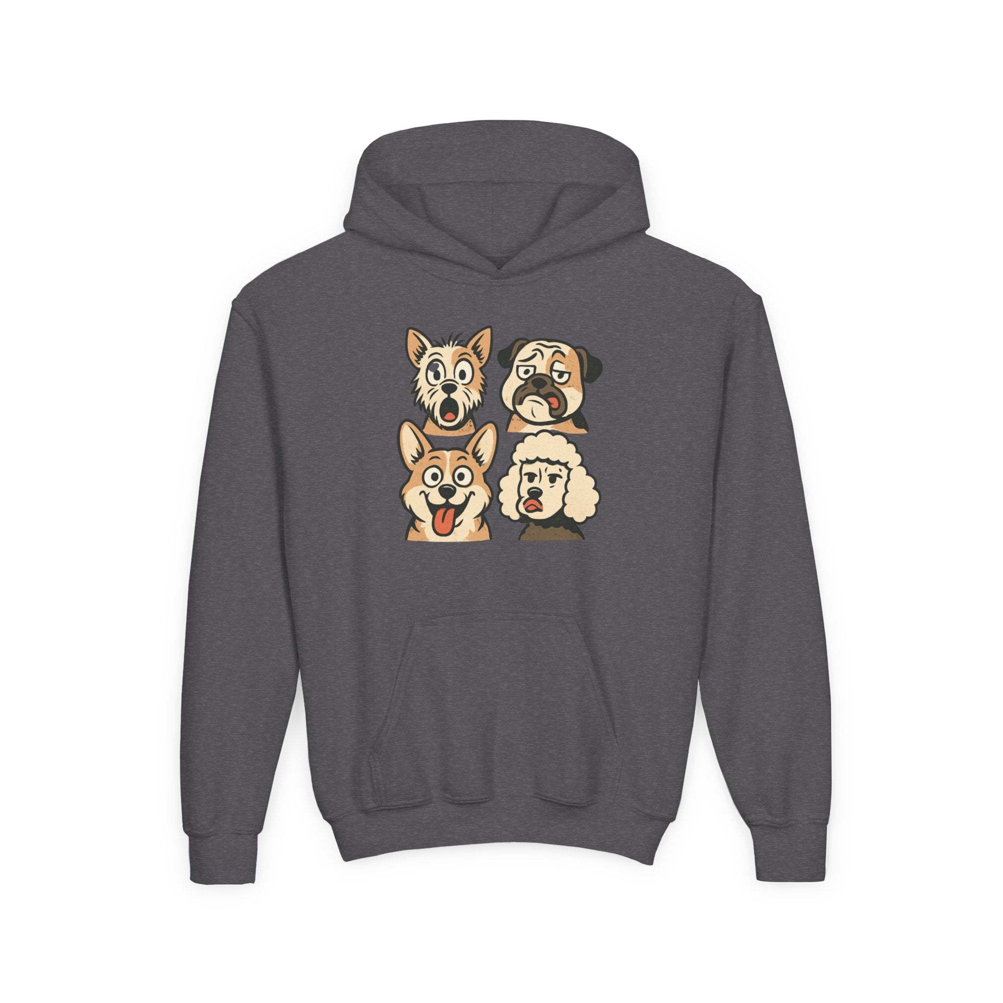 Youth Dog Faces Hoodie — Cute Cartoon Paw Print Pullover for Kids