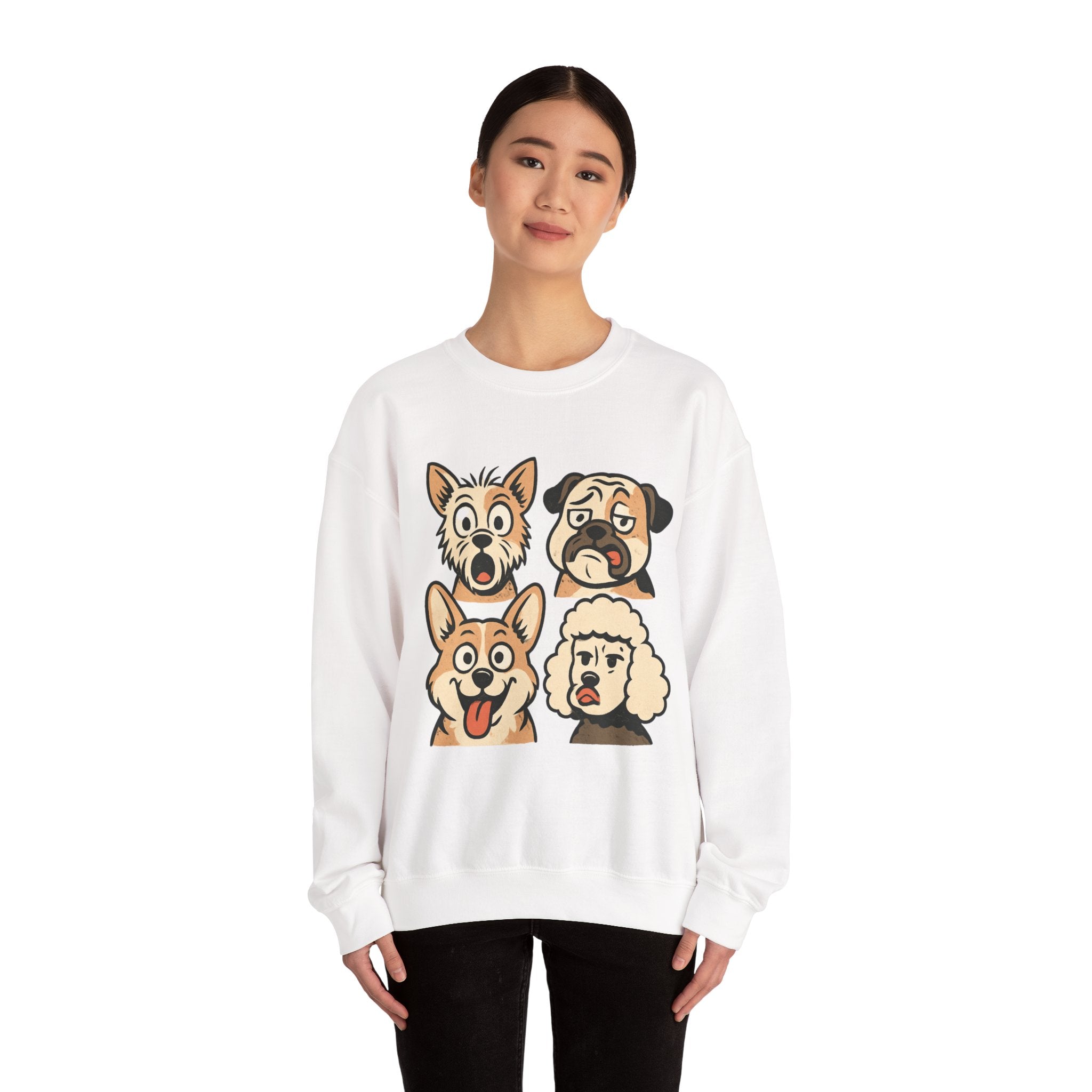 Dog Faces Crewneck Sweatshirt - Cute Cartoon Pug, Corgi & Poodle Graphic